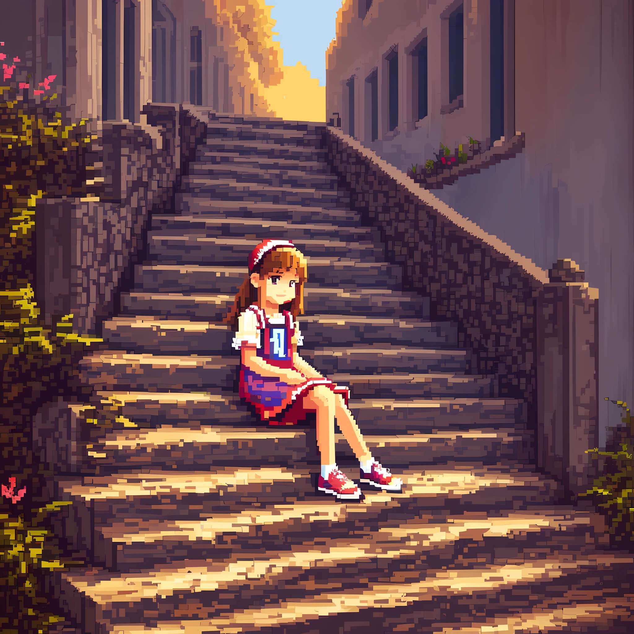 Pixel art style,A little girl sitting on the stairs --auto