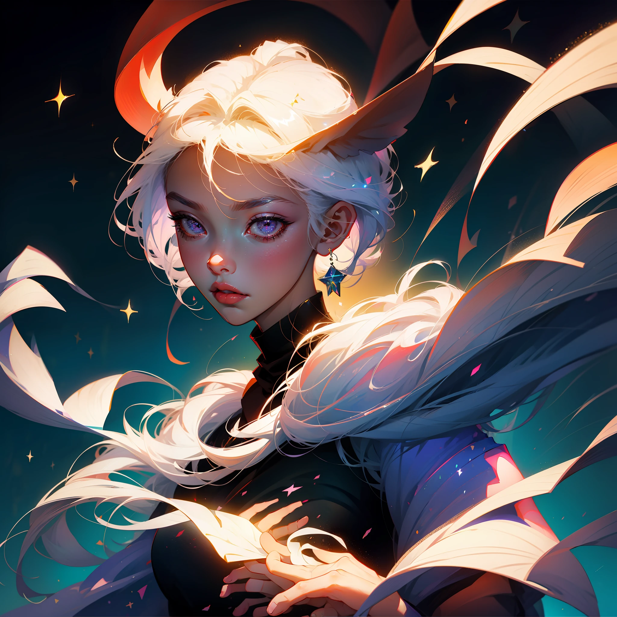 Anime girl with white hair and purple eyes and stars on her head, Rossdraw portrait, rossdraws 1. 5, rossdraws 2. 5, :: rossdraws, wlop rossdraws, Art Station Pixiv Art Germ Hahahaha, rossdraws digital painting, rossdraws 2. 0, rossdraws cartoon vibrant, ArtGerm. Anime Illustration, Pixiv masterpiece::1.8 ,detaileds,light Particle,glitch effect, Geometric pattern,Symbol Particles,Pixiv's masterpiece on a black background::1.2 ,Game CG, anime masterpiece,2D,watercolor paiting,High contrast,Best Quality,Ultra-fine skin,Lens flare on the skin,Shiny hair,shiny eyes,clothes shiny,light Particle,