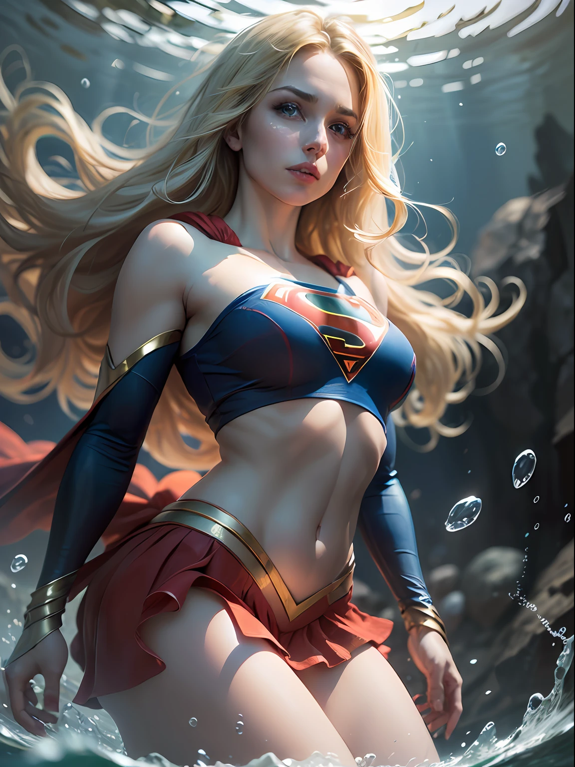 Supergirl, olhos azuis, blonde hair, Cabelos Longos, (blonde girl:1.5), dentro de um lago, banhos noturnos, (Realistic:1.2), Partially underwater shooting, (Realismo:1.2), (master part:1.2), (best quality), (Ultra Detalhado), (8k, intrincado), (85 millimeters), light particles, The lighting, (altamente detalhado:1.2), (rosto detalhado:1.5), (Gradientes), SFW, Colouring, (olhos detalhados:1.5), (Antecedentes detalhados), (Dynamic angle:1.2), (dynamic pose:1.2), (regra de terceiro_compositing:1.3), (action line:1.2), Arremesso longo, luz noturna, sozinho.