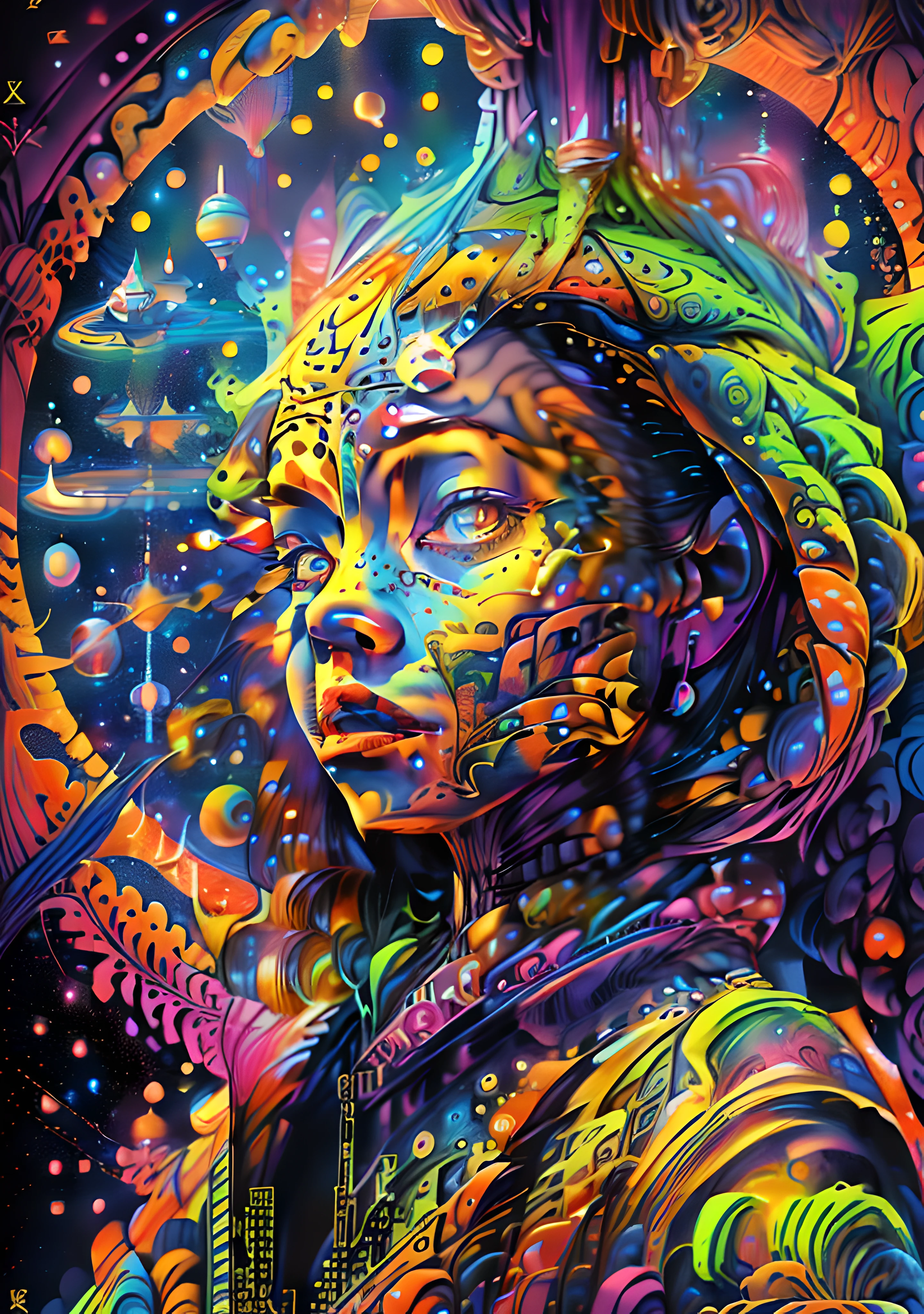 (High resolution, incredibly detailed, masterpiece), portrait of greta thunberg , featuring fractal geometry in (vibrant colors:0.8), set against a (galactic background:1.2), bringing together complex, mesmerizing shapes and patterns,dmt ,fractal art,stars and galaxies