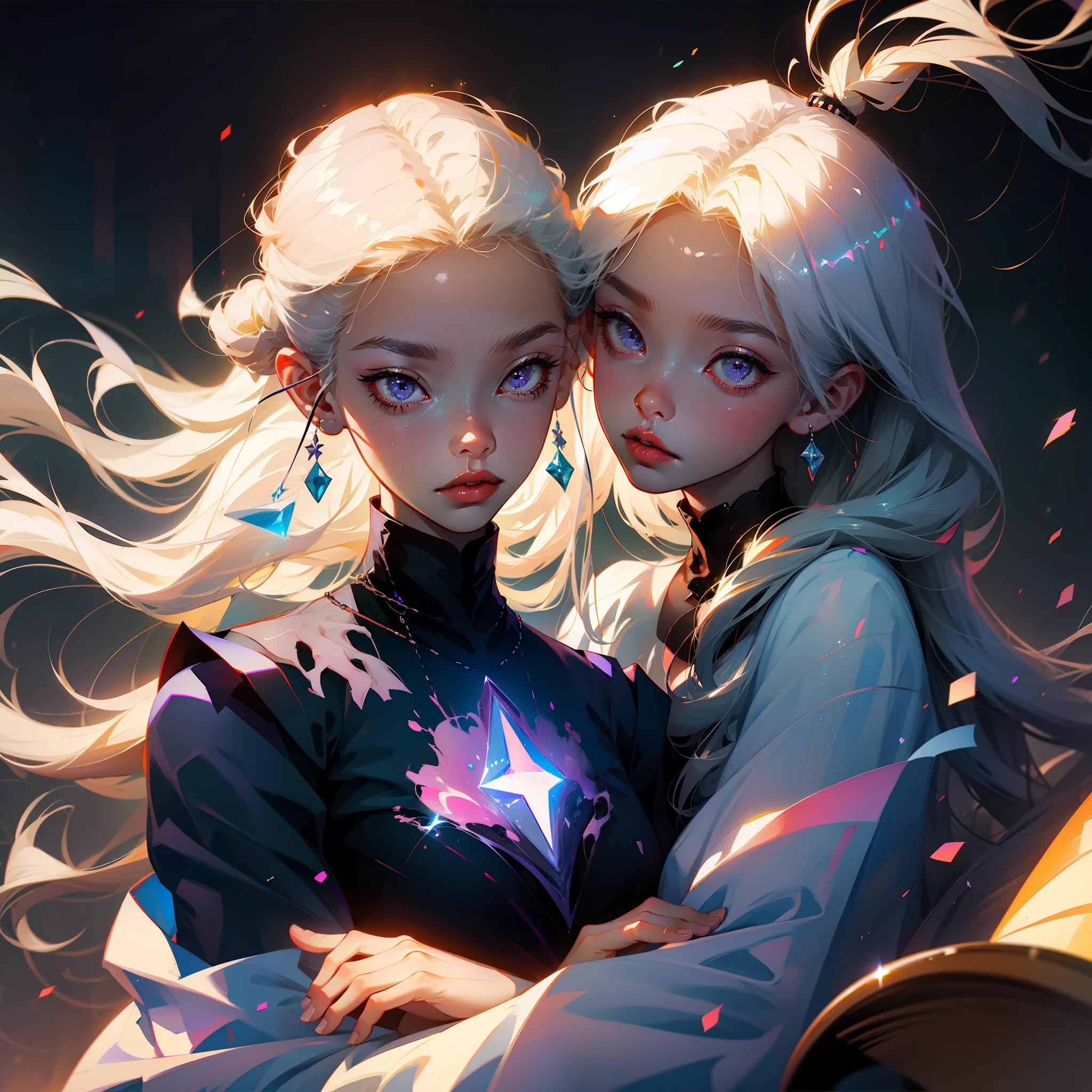 Anime girl with white hair and purple eyes and stars on her head, Rossdraw portrait, rossdraws 1. 5, rossdraws 2. 5, :: rossdraws, wlop rossdraws, Art Station Pixiv Art Germ Hahahaha, rossdraws digital painting, rossdraws 2. 0, rossdraws cartoon vibrant, ArtGerm. Anime Illustration, Pixiv masterpiece::1.8 ,detaileds,light Particle,glitch effect, Geometric pattern,Symbol Particles,Pixiv's masterpiece on a black background::1.2 ,Game CG, anime masterpiece,2D,watercolor paiting,High contrast,Best Quality,Ultra-fine skin,Lens flare on the skin,Shiny hair,shiny eyes,clothes shiny,light Particle,