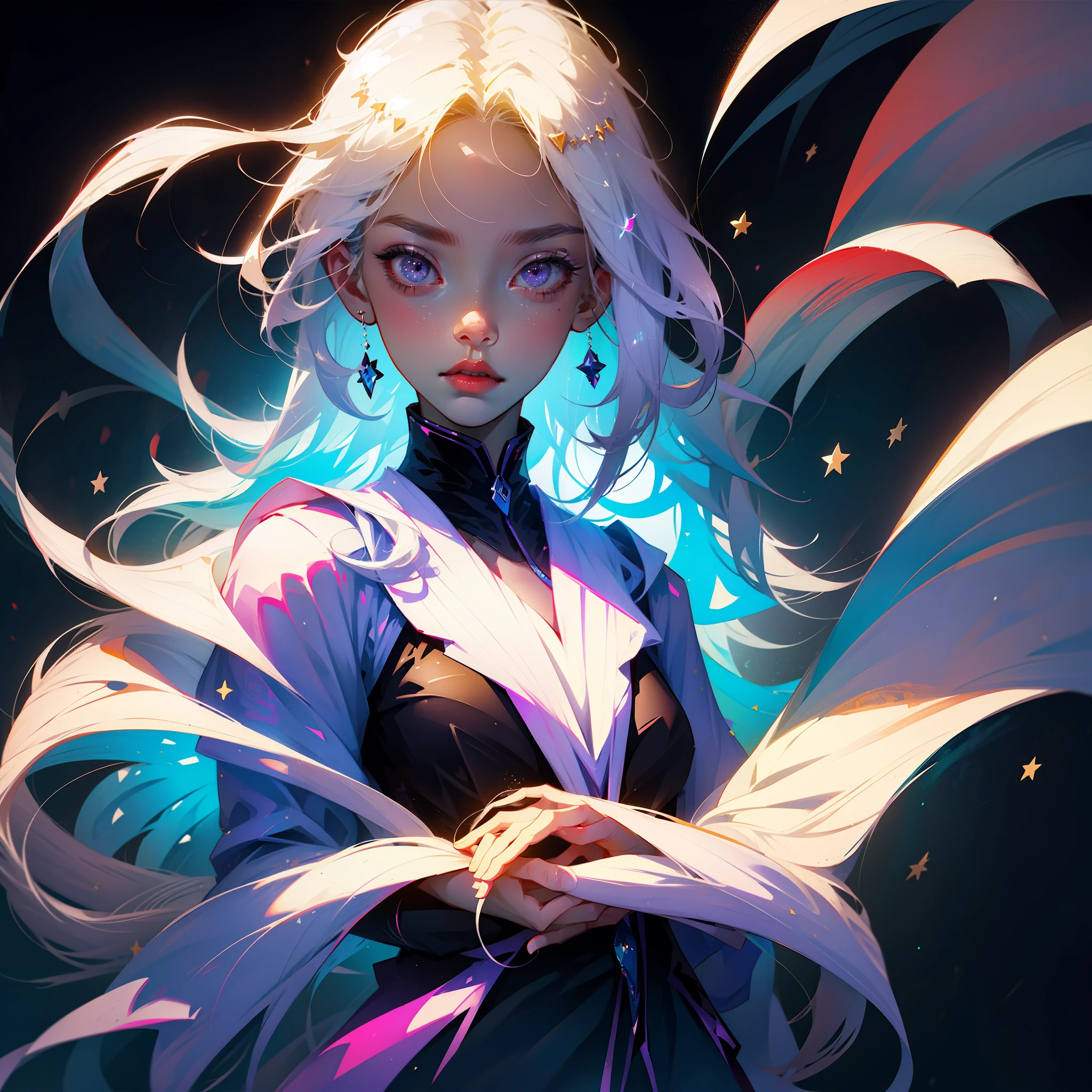 Anime girl with white hair and purple eyes and stars on her head, Rossdraw portrait, rossdraws 1. 5, rossdraws 2. 5, :: rossdraws, wlop rossdraws, Art Station Pixiv Art Germ Hahahaha, rossdraws digital painting, rossdraws 2. 0, rossdraws cartoon vibrant, ArtGerm. Anime Illustration, Pixiv masterpiece::1.8 ,detaileds,light Particle,glitch effect, Geometric pattern,Symbol Particles,Pixiv's masterpiece on a black background::1.2 ,Game CG, anime masterpiece,2D,watercolor paiting,High contrast,Best Quality,Ultra-fine skin,Lens flare on the skin,Shiny hair,shiny eyes,clothes shiny,light Particle,