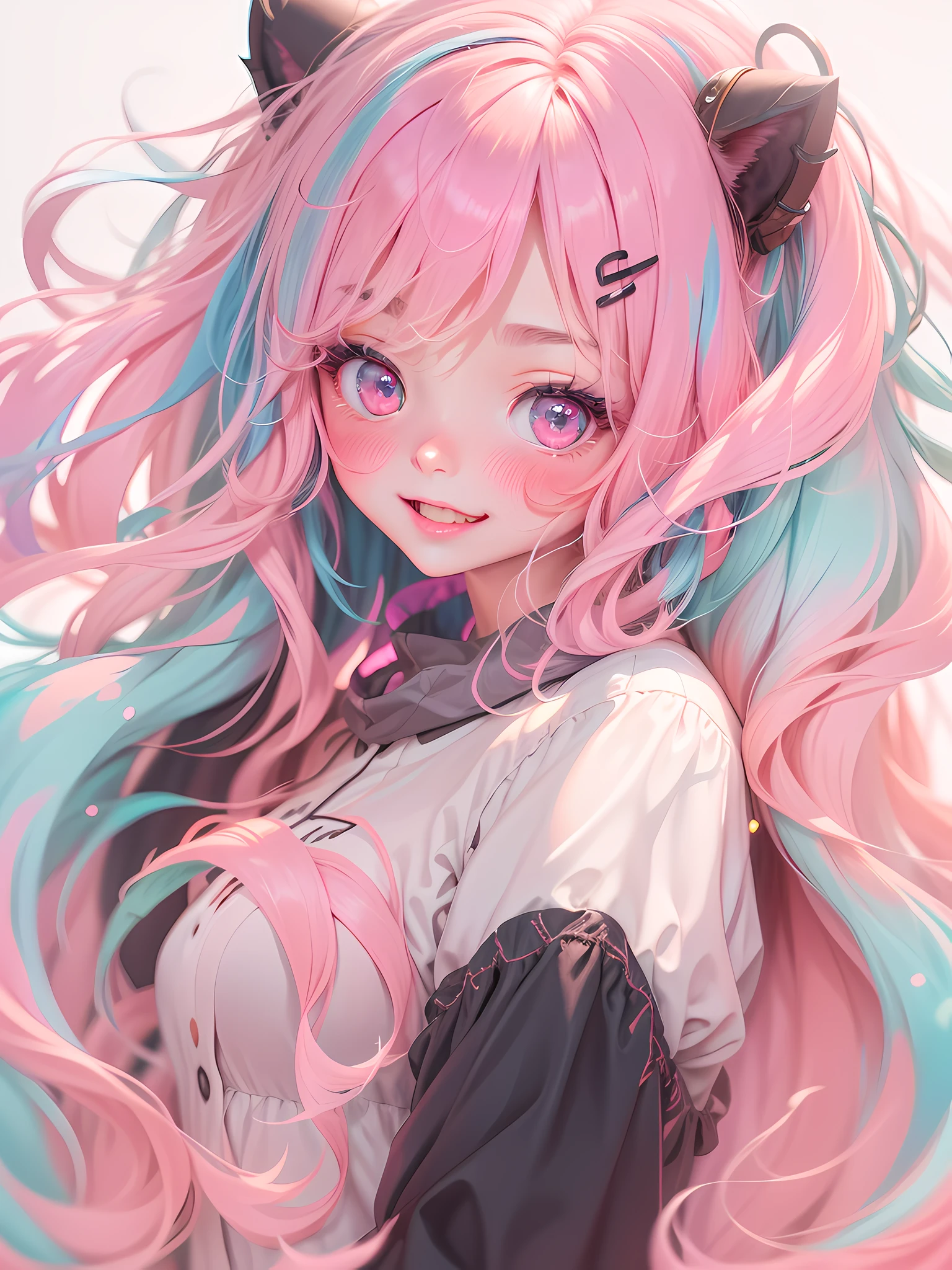 gradient hair, pink hair, wavy hair, very long hair, longeyelashes, wide-eyed, aqua eyes, gradient eyes, pink eyes, kemonomimi mode, shy, ear blush, full blush, skin fang, yandere, anime, stereogram, drop shadow, chromatic aberration, cinematic lighting, reflection light, glowing light, jpeg artifacts, Sony FE GM, textured skin, 16k, highres, best quality, super detail, high details, masterpiece, ccurate
