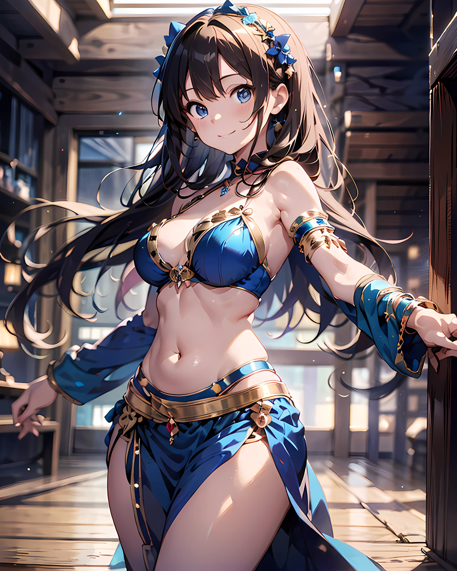 Illustration of a dancing belly dancer、anime style illustration, highres, ultra detailed, (1girl:1.3), (dynamic pose):1.0 BREAK, cowboy shot, (pale skin:1.3), ((detailed blue eyes)), (bokeh effect), (dynamic angle), 1 extremely beautiful and glamorous anime waifu at competition dancing hall, (wearing a royal blue satin belly dancer's outfit:1.37), BREAK, she has blonde wavy twin-tails hair style, medium-breasted, slender, light smile, happy, wind, 8 life size, detailed clothes, detailed body, detailed arms, human hands, detailed hands, perfect nose, blush, light smile, pink lip gloss, looking the viewer, facing the viewer, sexy model posing, studio soft light, cinematic light, detailed background, realistic, ultra-realistic, masterpiece, 32k ultra-sharp image, Japanese anime waifu, concept art by Kyoto animation, Makoto Shinkai,