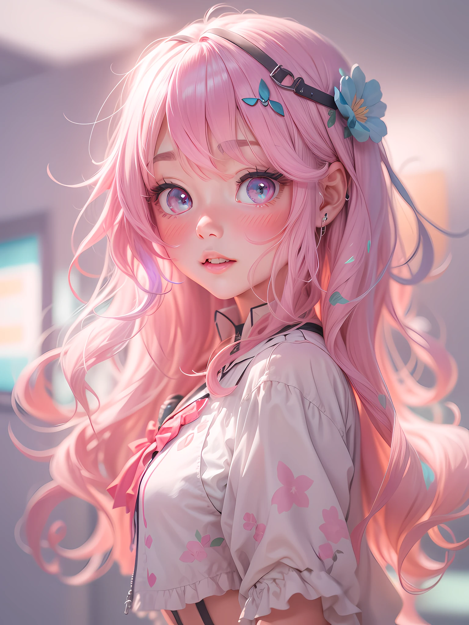 gradient hair, pink hair, wavy hair, very long hair, longeyelashes, wide-eyed, aqua eyes, gradient eyes, pink eyes, kemonomimi mode, shy, ear blush, full blush, skin fang, yandere, anime, stereogram, drop shadow, chromatic aberration, cinematic lighting, reflection light, glowing light, jpeg artifacts, Sony FE GM, textured skin, 16k, highres, best quality, super detail, high details, masterpiece, ccurate