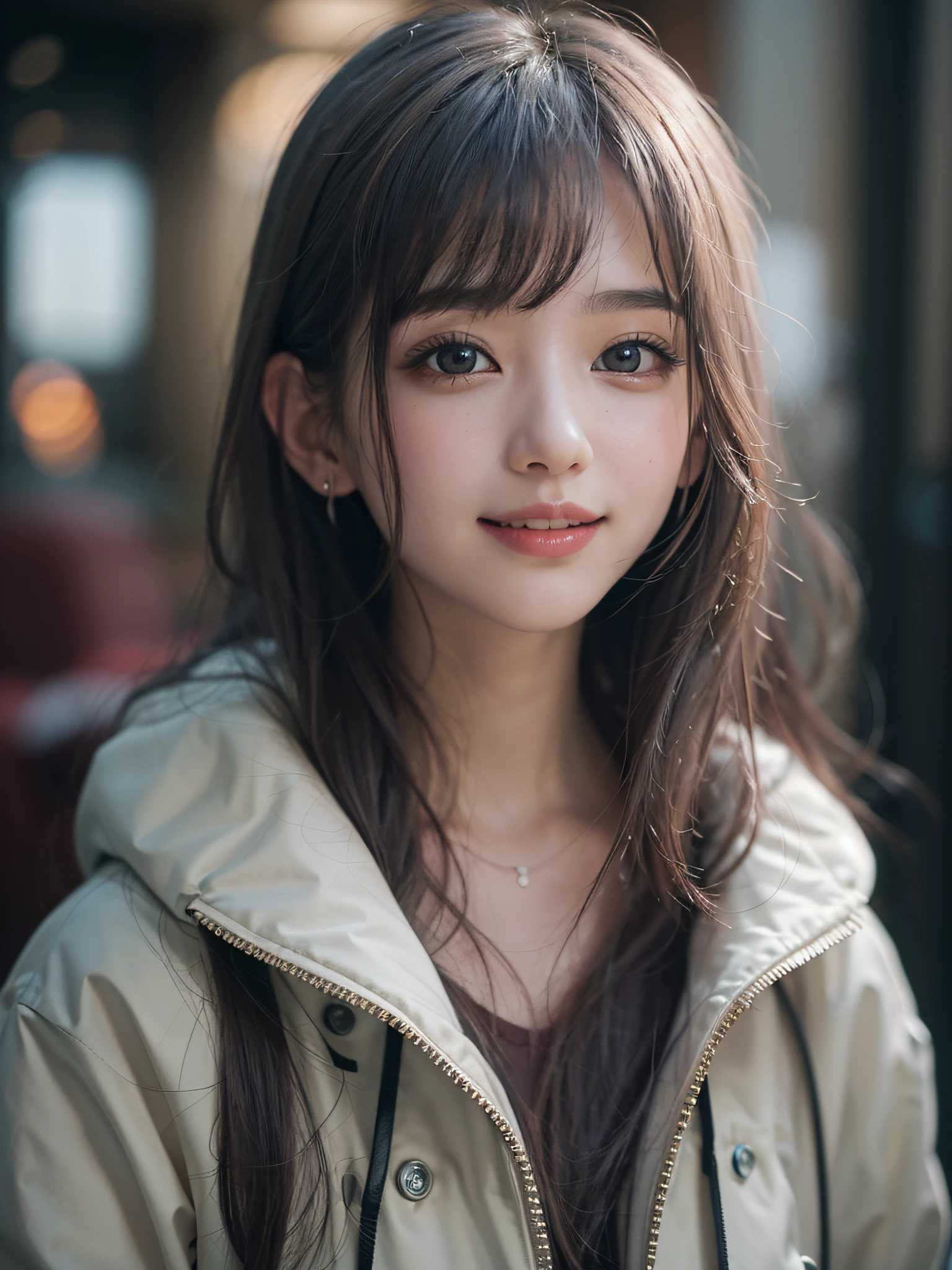 (RAW Photography、top-quality)、(realisitic、Photorealsitic:1.3)、masterpiece、extremely delicate and beautiful、A highly detailed、CG、Unity、8K、astonishing、Detailed detail、ultra-detailliert、hight resolution、absurderes、Soft light、(A dark-haired、Medium hair、bangss)、Detailed beautiful girl、detailed finger、extremely detailed eye and face、beautiful detailed nose、beatiful detailed eyes、(Light on the face)、looking at viewert、(Closed)bocchi:1.2)、女の子1人、kawaii、年轻、adultlike face、de pele branca、(A half body:1.3、Seats)、(middlebreast)、lifelike face、Realistic body、beautiful thigh、(ulzzang-6500-v1.1: 0.6)、Black shirt、parka、(half laugh:1.3)、