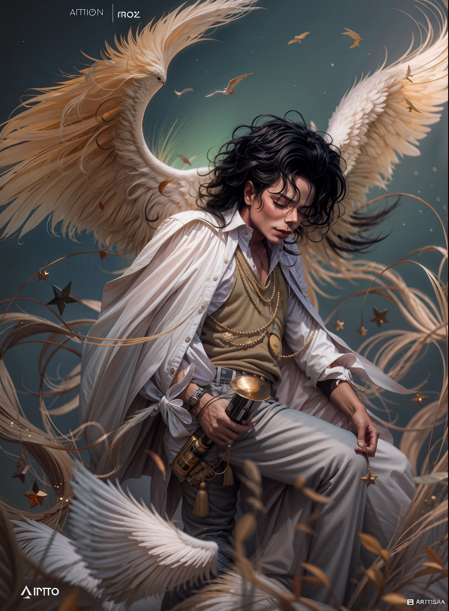 michael jackson,anjo, cbzbb, detalhado, fantasia, oniric, surrealismo, super fofo, trending on ArtStation