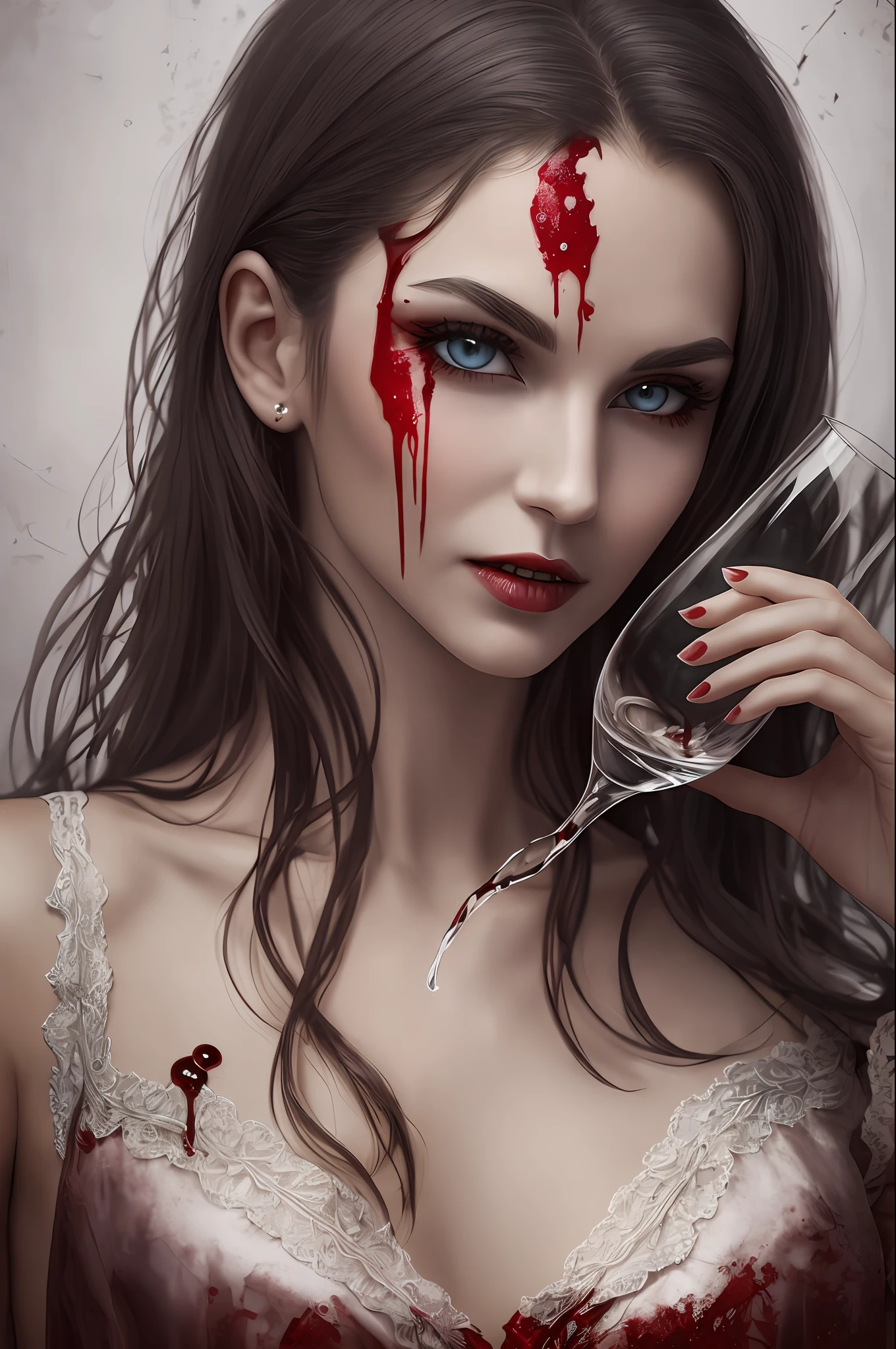 A vampire with beautiful features and body holding a glass with blood on it, realistic, 4k, studio white background, global light** - --auto --s2