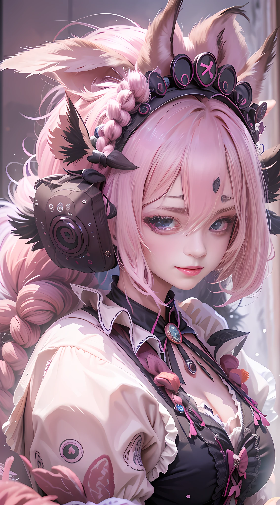 Black hair, hair bobbles, wince, long eyelasher, solid circle eyes, Fake animal ears, Light smile, Ear blush, Fang, Pink hair, twin drills, maid headdress, Heterochromia, long and pointed ears, Shy, surrealism, shadowing, anaglyph, stereograms, tachi-e, angle of view, Atmospheric perspective, High detail, Rococo style, Ray tracing, Cinematic lighting, bust chart, in a panoramic view, Sony FE GM, f/1.2, 8K, Super detail, ccurate, Best quality, High quality, 16k