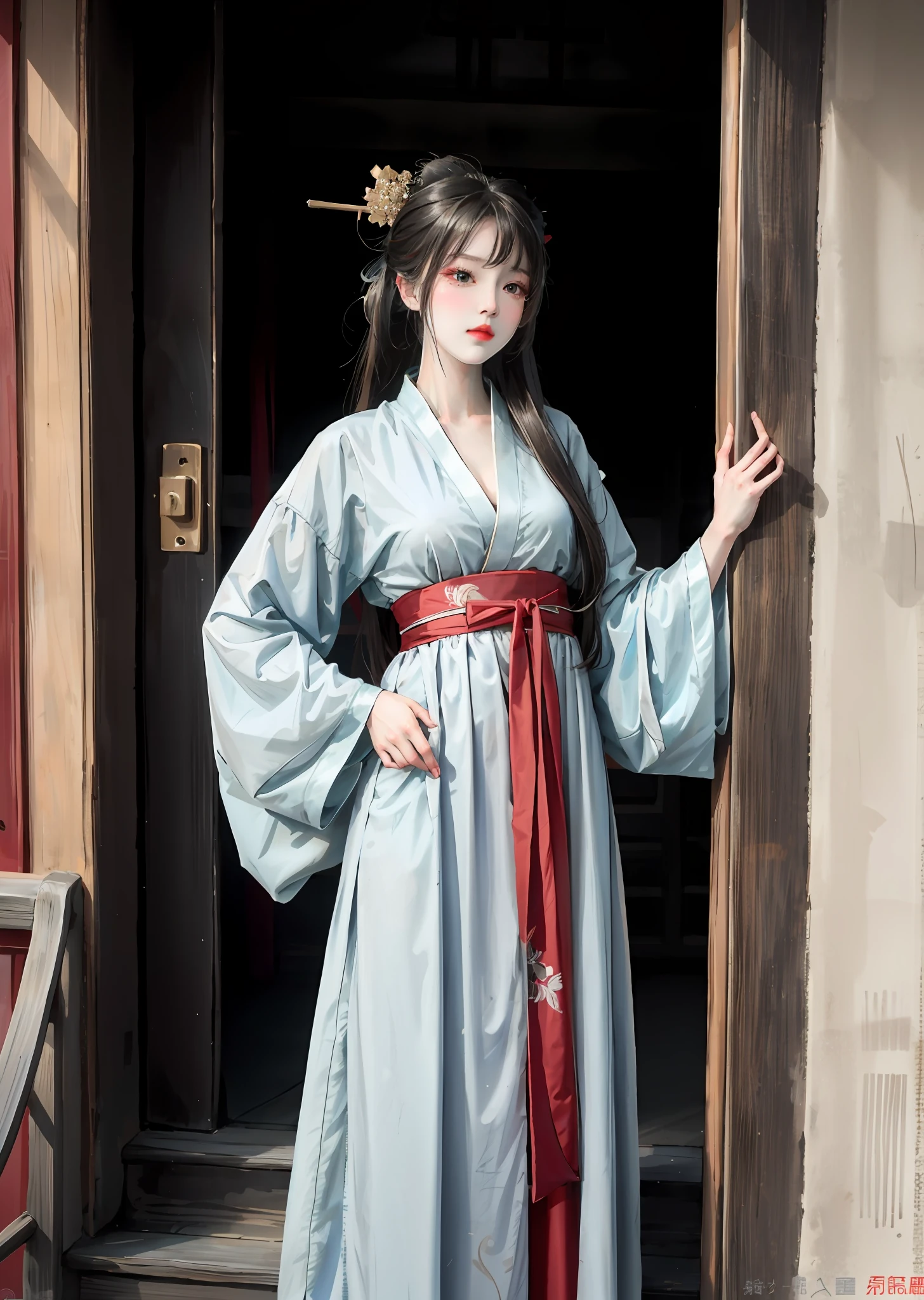 There is a woman posing for a photo in Hanfu, Expose large, Long bangs, eyes with brightness, with acient chinese clothes, Japanese clothes, Wearing ancient Chinese clothes, Palace , A girl in Hanfu, Traditional Chinese clothing, pale and coloured kimono, Chinese costume, traditional geisha clothing