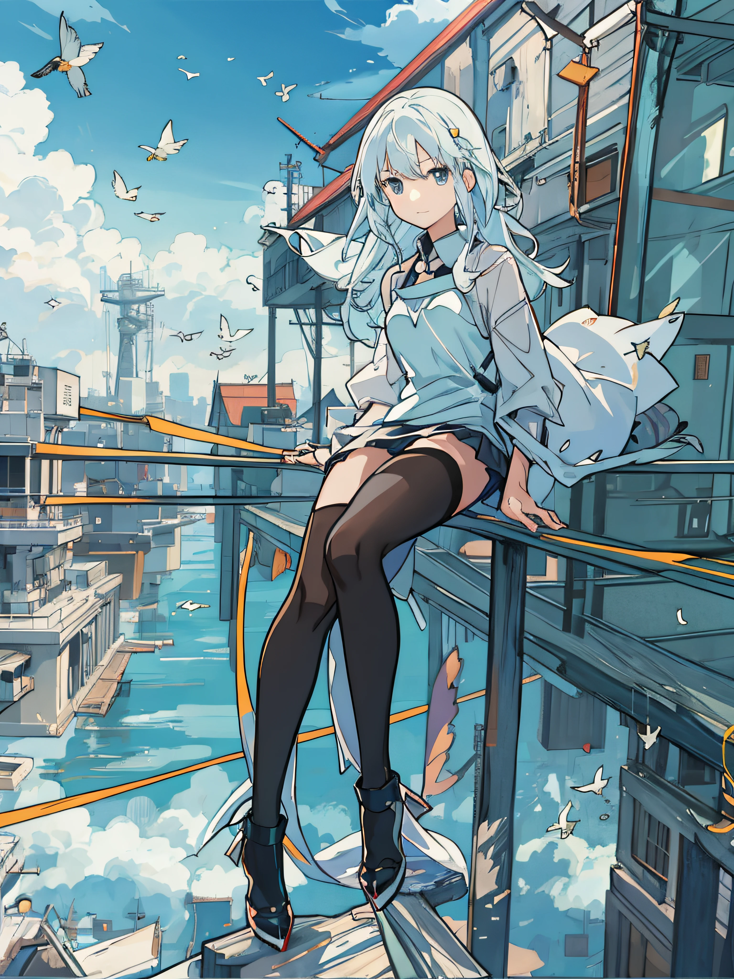 Anime girl sitting on a railing with birds flying, anime style 4 k, anime art wallpaper 8 k, anime art wallpaper 4k, anime art wallpaper 4k, Best anime 4K Konachan wallpaper, trending on artstation pixiv, 4 k manga wallpaper, kantai collection style, anime wallpaper 4k, anime wallpaper 4k, 4k anime wallpaper