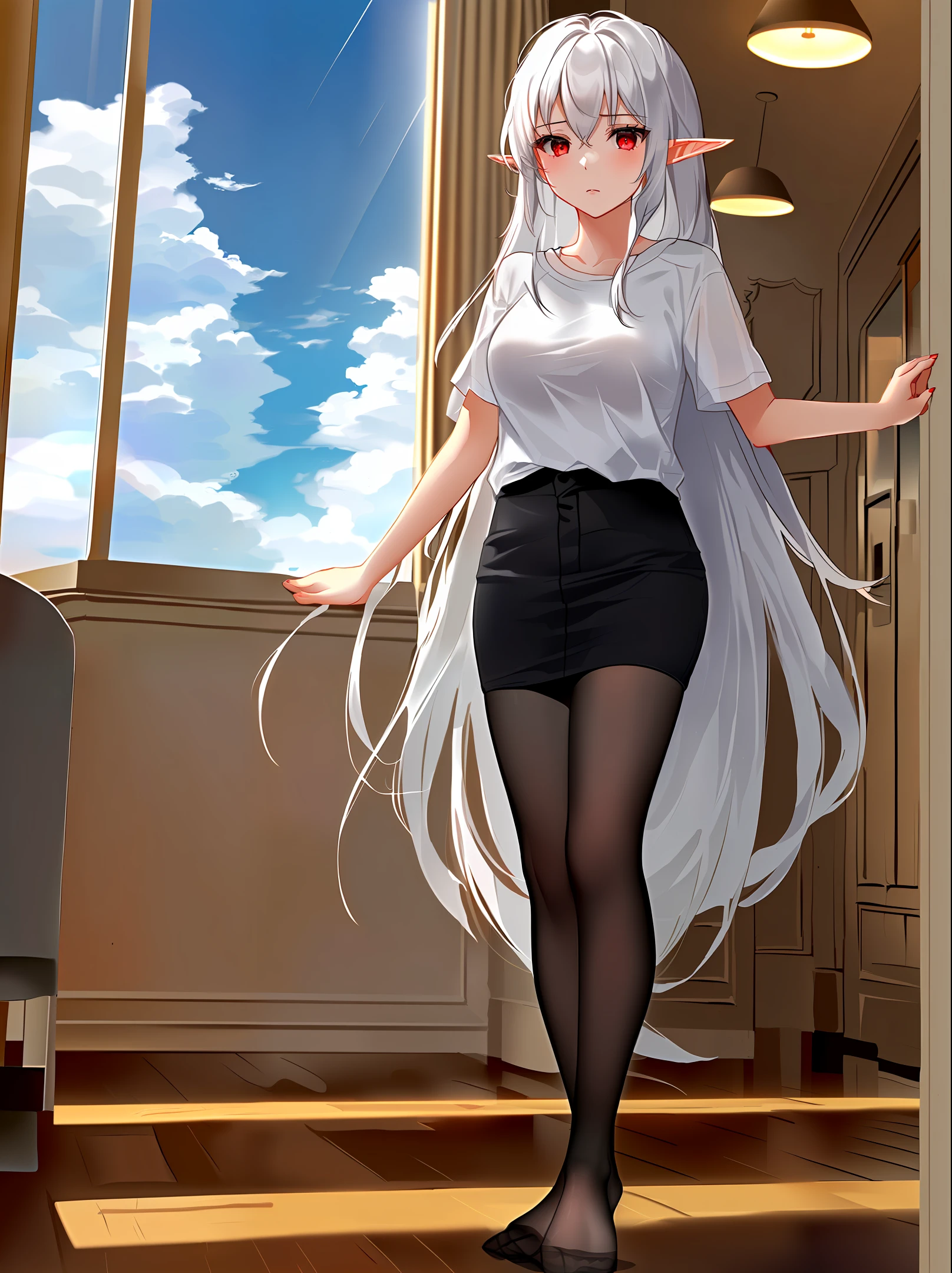 masterpiece, best quality,white hair, 1girl,red eyes,medium_breasts,cold expression,no shoes,white T-shirt,sky and clouds,french window,in hotel,long hair,standing,black pantyhose,black legwear,elf