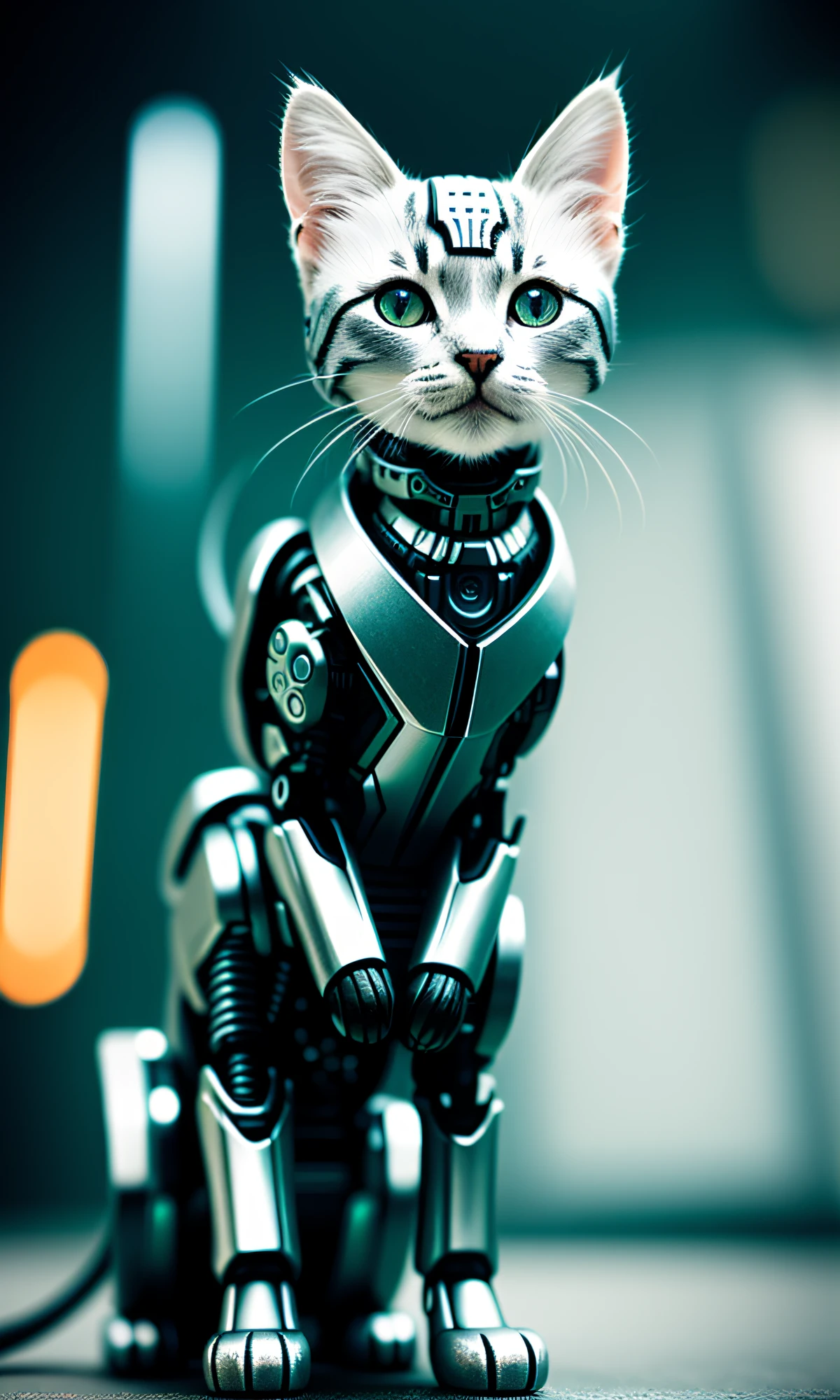 cute kitten made of metal, (cyborg: 1.1), ([tail | detailed wire]: 1.3), (complex detail), HDR, (complex detail, super detail: 1.2), cinematic shot, vignette, center