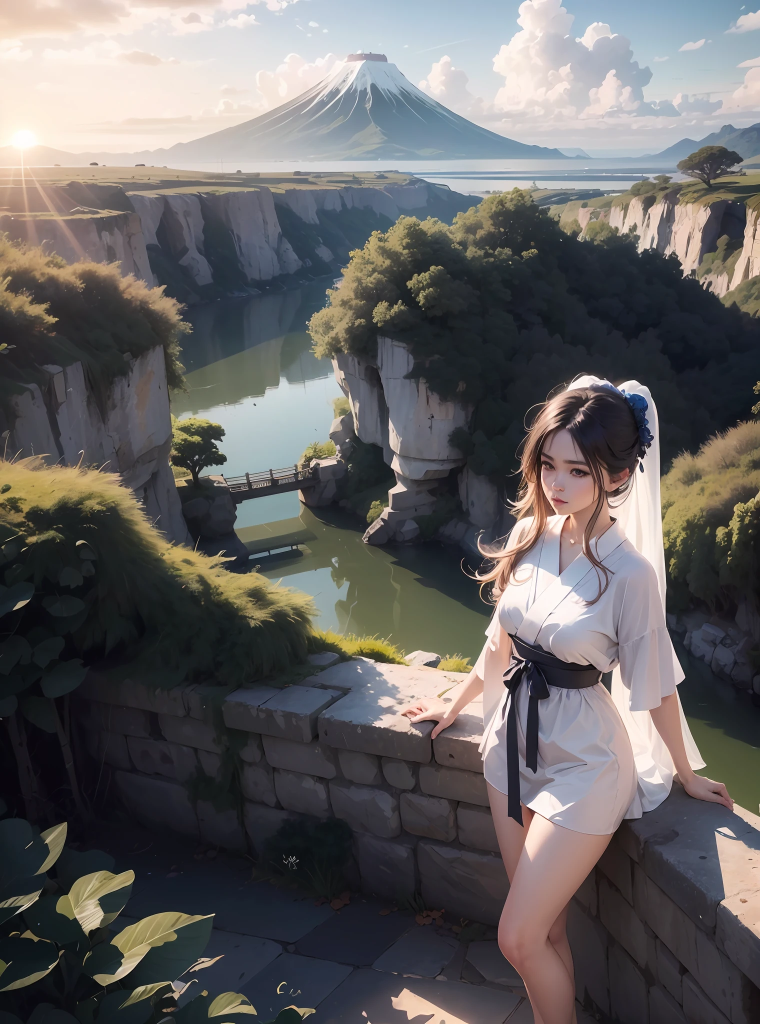 Uma mulher olhando a paisagem, , fundo natureza, fundo ultrarealista, mulher ultrarealista, mulher calelos longos, loiros, olhos bem definidos , ultrarealista, paisagem japonesa por do sol, deixe tudo ultrarealista, superrealista, natural, 8k, 4k --auto