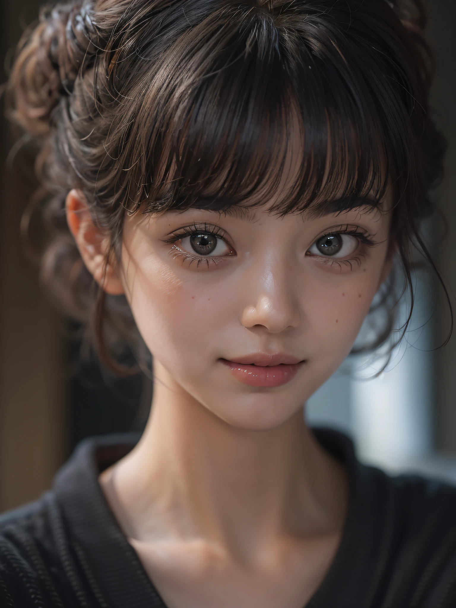 (RAW photo, best quality), (realistic, photo-realistic:1.3), masterpiece, an extremely delicate and beautiful, extremely detailed, CG, unity, 8k, amazing, finely detail, ultra-detailed, highres, absurdres, soft light, (black hair, short hair, curly hair, messy hair, bangs), beautiful detailed girl, detailed fingers, extremely detailed eyes and face, beautiful detailed nose, beautiful detailed eyes, (light on face), looking at viewer, (closed mouth:1.2), 1girl, cute, young, mature face, pale skin, (half body:1.3, sitting), (medium breasts), realistic face, realistic body, beautiful detailed thigh, (ulzzang-6500-v1.1:0.6), black shirt, (semi smile:1.3),