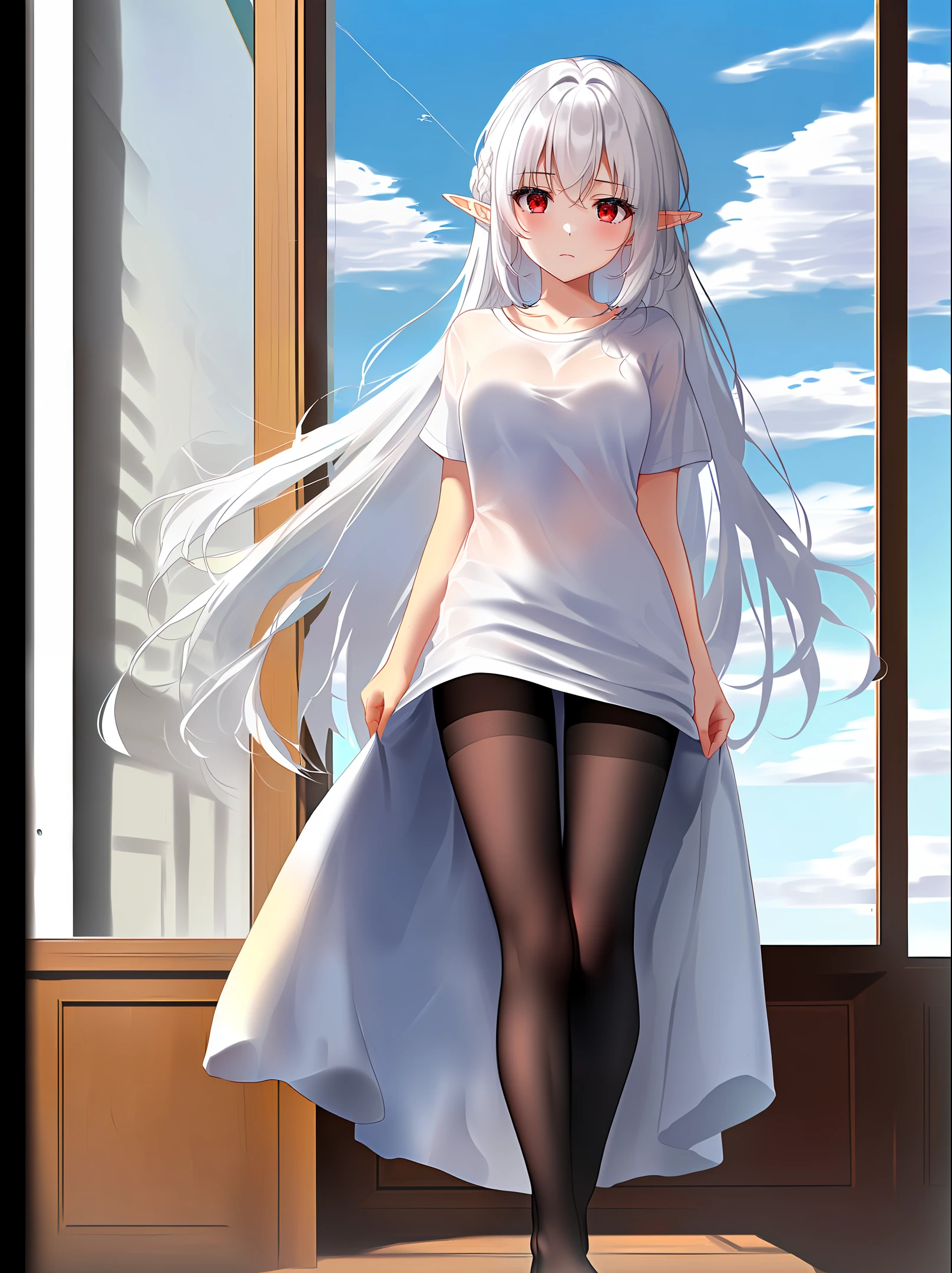 masterpiece, best quality,white hair, 1girl,red eyes,medium_breasts,cold expression,no shoes,white T-shirt,sky and clouds,french window,in hotel,long hair,standing,black pantyhose,black legwear,elf