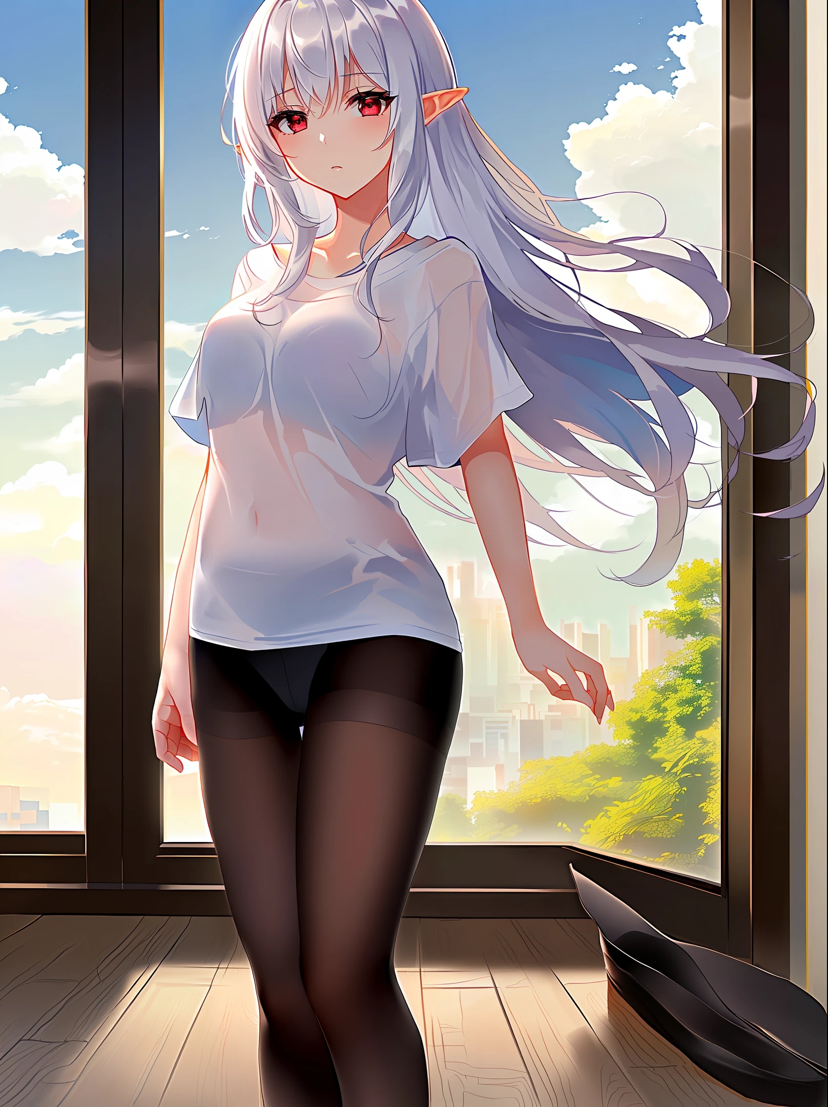 masterpiece, best quality,white hair, 1girl,red eyes,medium_breasts,cold expression,no shoes,white T-shirt,sky and clouds,french window,in hotel,long hair,standing,black pantyhose,black legwear,elf