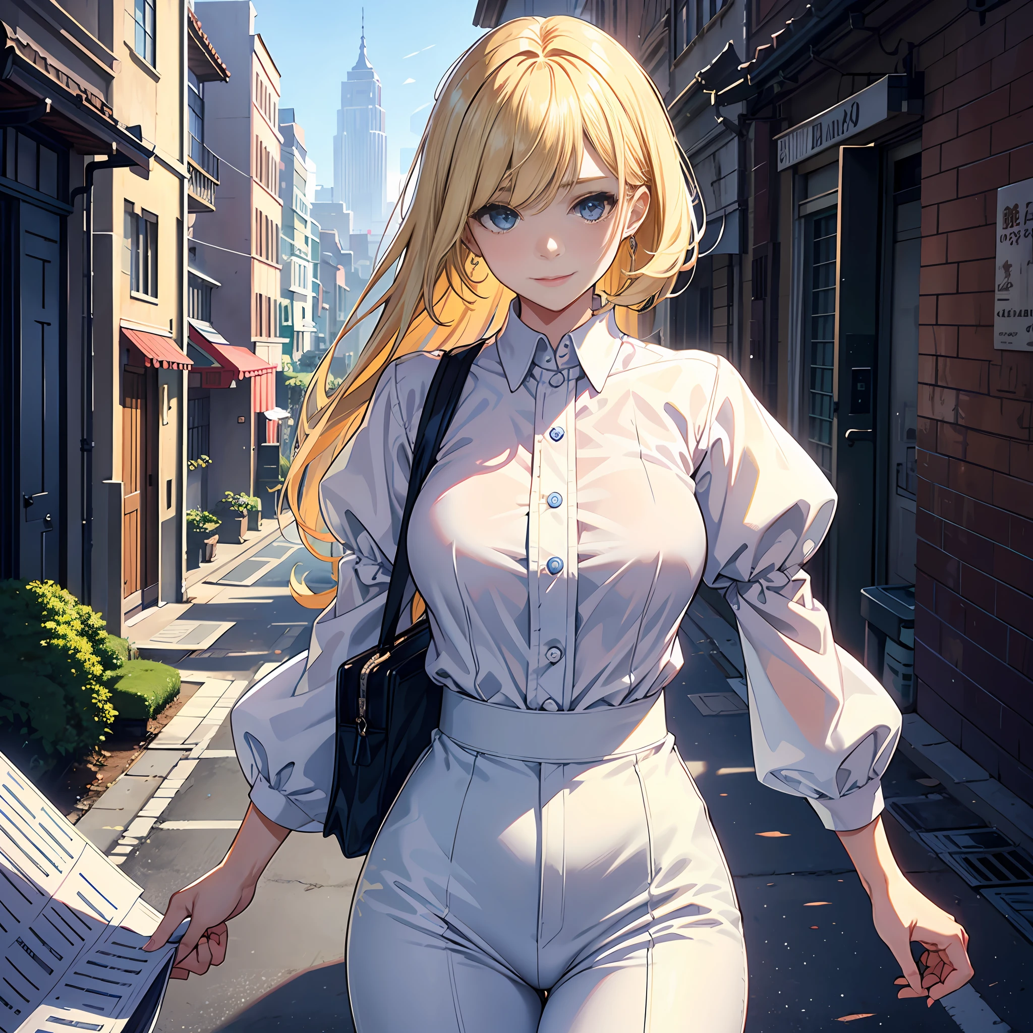 A woman in a white shirt and blue pants stands in an alley，Key in hand，1个Giant Breast Girl，blond hairbl，eBlue eyes，bookshelves，buliding，城市，view over city，longer sleeves，looking at viewert，taupe，The shirt，short detailed hair，a skirt，skyscrapper，ssmile，独奏，white  shirt --auto