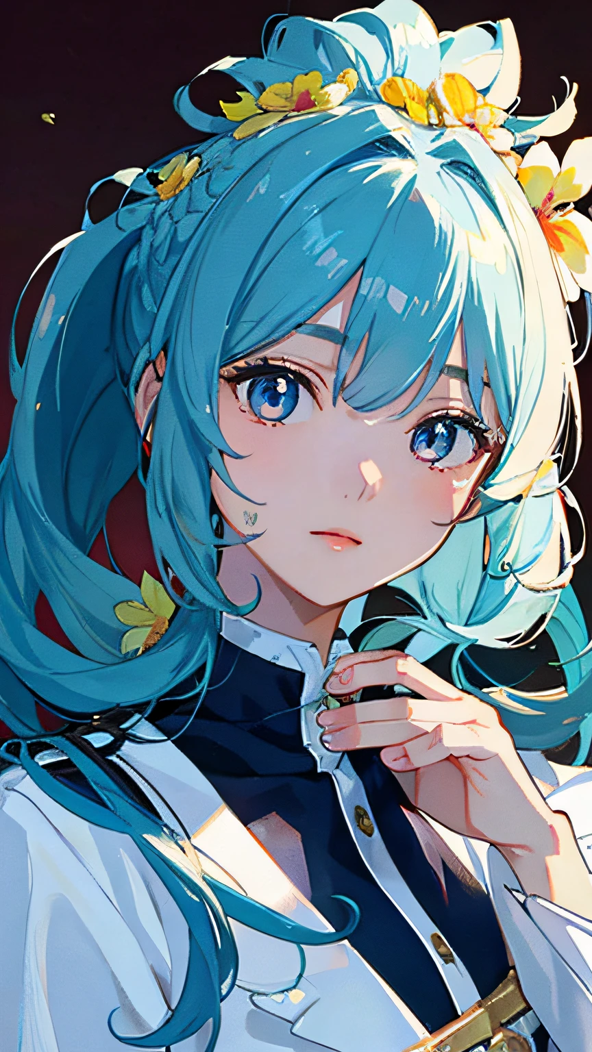 (masterpiece), (best quality), (ultra detailed),(disheveled hair),(illustration), (1girl), (Fashionable clothing), standing, Fashion model, looking at viewer, (interview), (simple background),beautiful detailed eyes, delicate beautiful face, Floating,(high saturation),(colorful splashes),colorful bubble,(shining), focus on face,  ponytail, kamisato ayaka, light blue hair, bangs, hair ring, floating flowers, floating hairs, (shining), best lighting, best shadow,