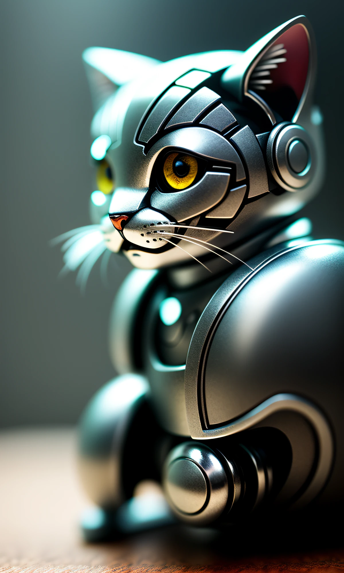 cute kitten made of metal, (cyborg: 1.1), ([tail | detailed wire]: 1.3), (complex detail), HDR, (complex detail, super detail: 1.2), cinematic shot, vignette, center