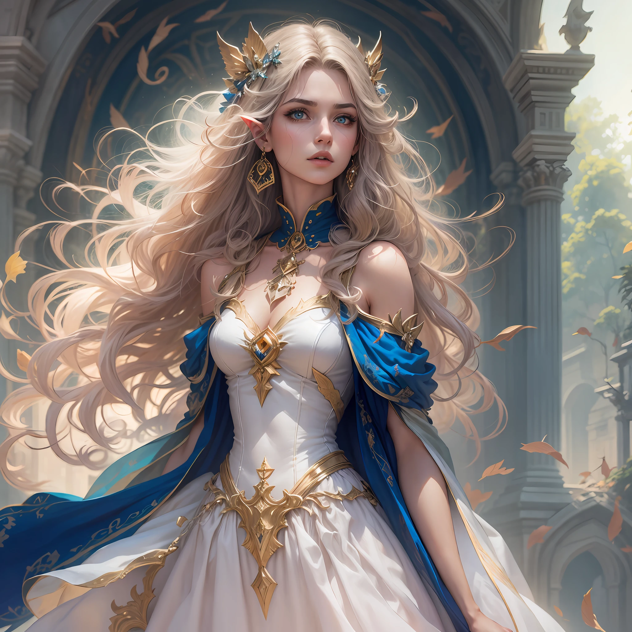 1 menina, faerie, fada, cabelo dourado, loira, vestido azul royal e branco, castlevania, 30 anos, vestido sensual, vestido cropped, aparecendo o corpo