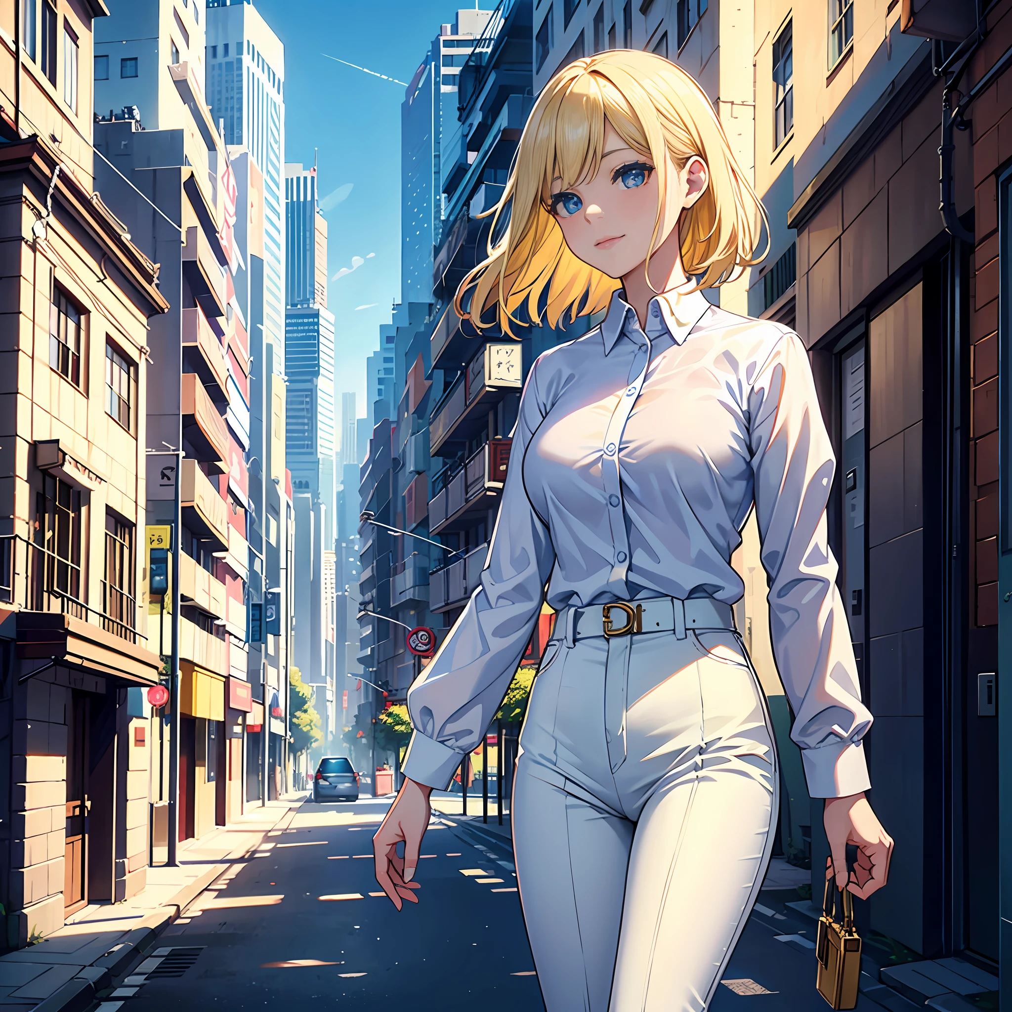 A woman in a white shirt and blue pants stands in an alley,Key in hand,1个Giant Breast Girl,blond hairbl,eBlue eyes,bookshelves,buliding,城市,view over city,longer sleeves,looking at viewert,taupe,The shirt,short detailed hair,a skirt,skyscrapper,ssmile,独奏,white shirt --auto