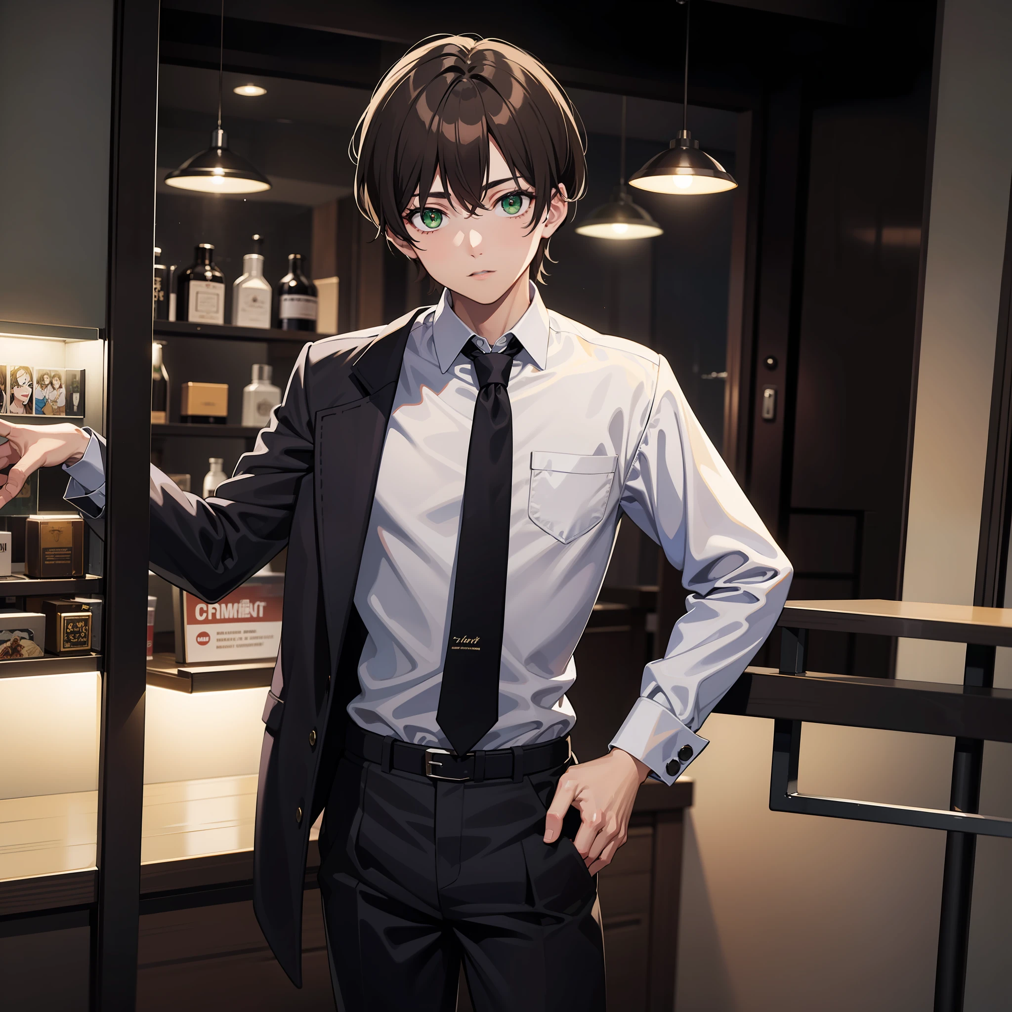(Obra-prima, melhor qualidade) Uma imagem detalhada, with perfect lighting that features a boy with dark brown hair, moderno e estiloso. His green eyes are stunning and expressive. Ele usa uma camisa social branca com uma elegante jaqueta de couro sobreposta. Modern pants complete the sophisticated attire.