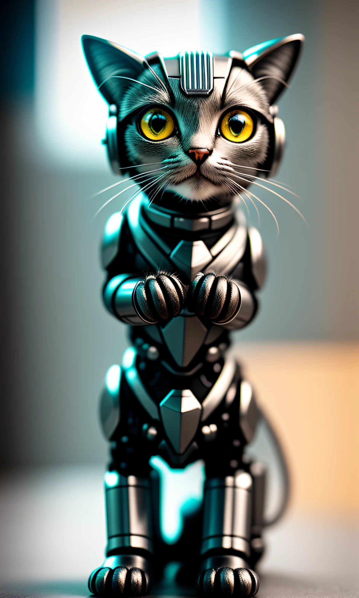 cute kitten made of metal, (cyborg: 1.1), ([tail | detailed wire]: 1.3), (complex detail), HDR, (complex detail, super detail: 1.2), cinematic shot, vignette, center