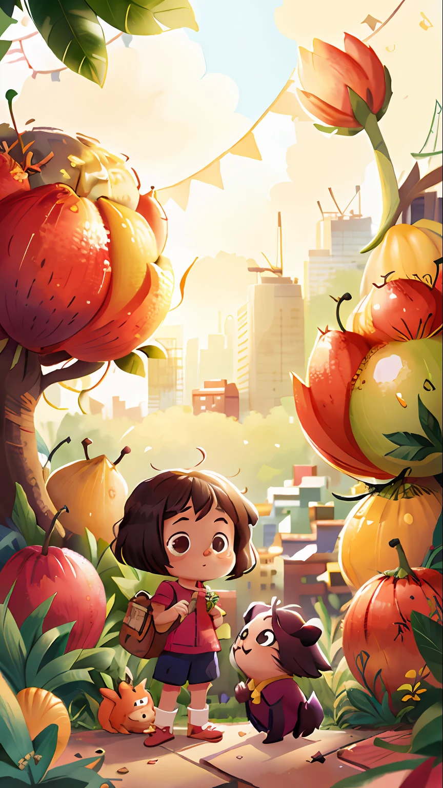 A beautiful little girl with her dog go to the city of fruits