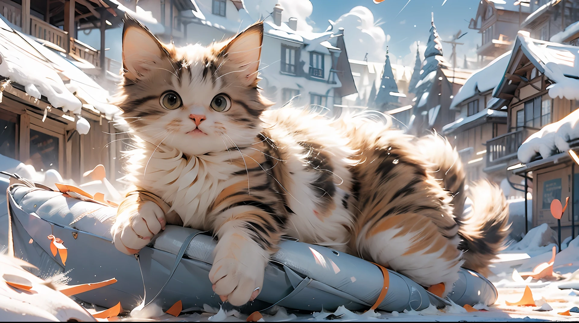 (Masterpiece:1.2, high quality),cat,snow mountain,running,cute,(orange and white short hair),ancient structure