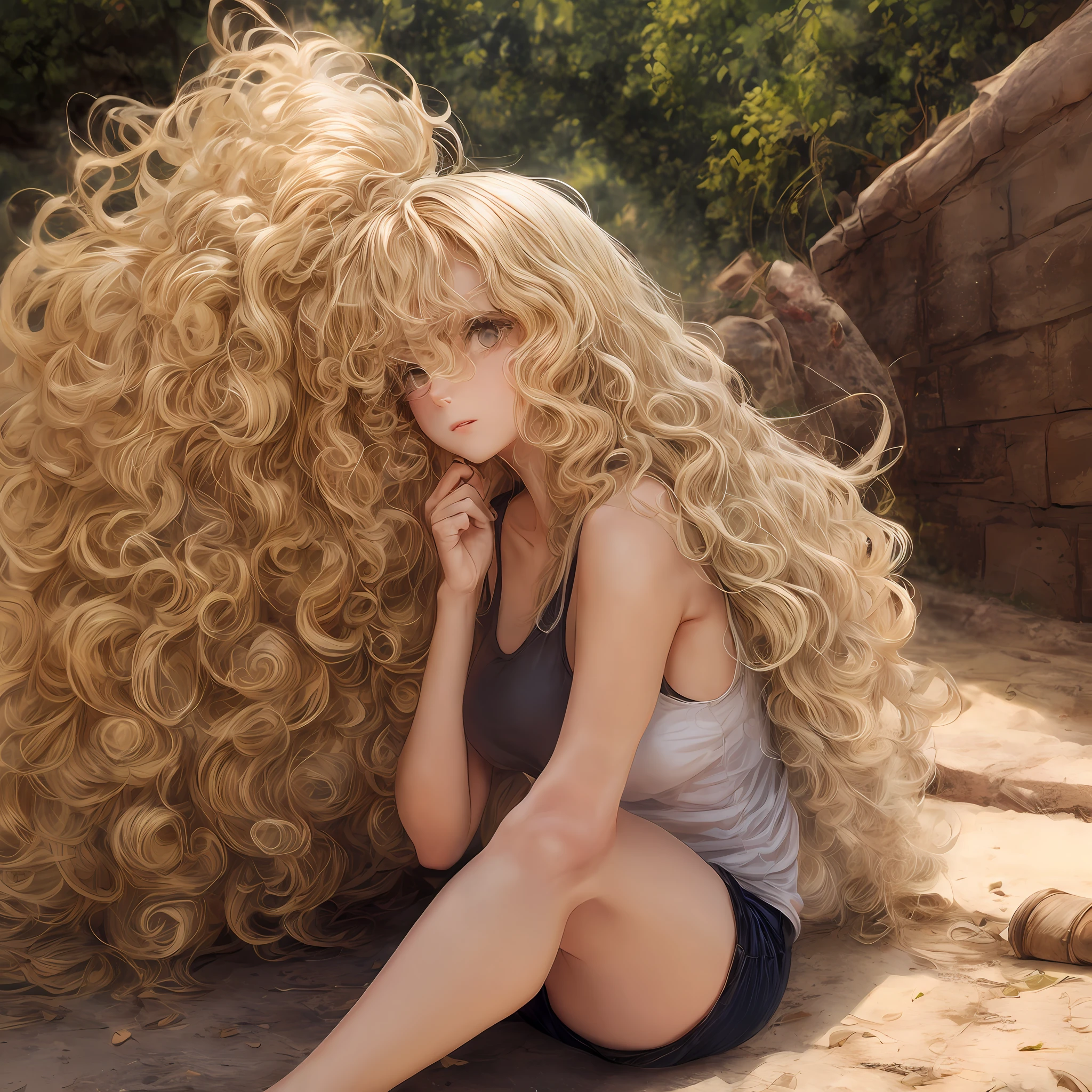 there is a young girl with a curly hair and a white tank top, frizzy hair, long fluffy blond curly hair, long fluffy curly blond hair, very very curly blond hair, messy blond hair, blond curly hair, curly blonde hair | d & d, flipped out hair, messy curly hair, short curly blonde haired girl, curly blond hair, curly blond --auto
