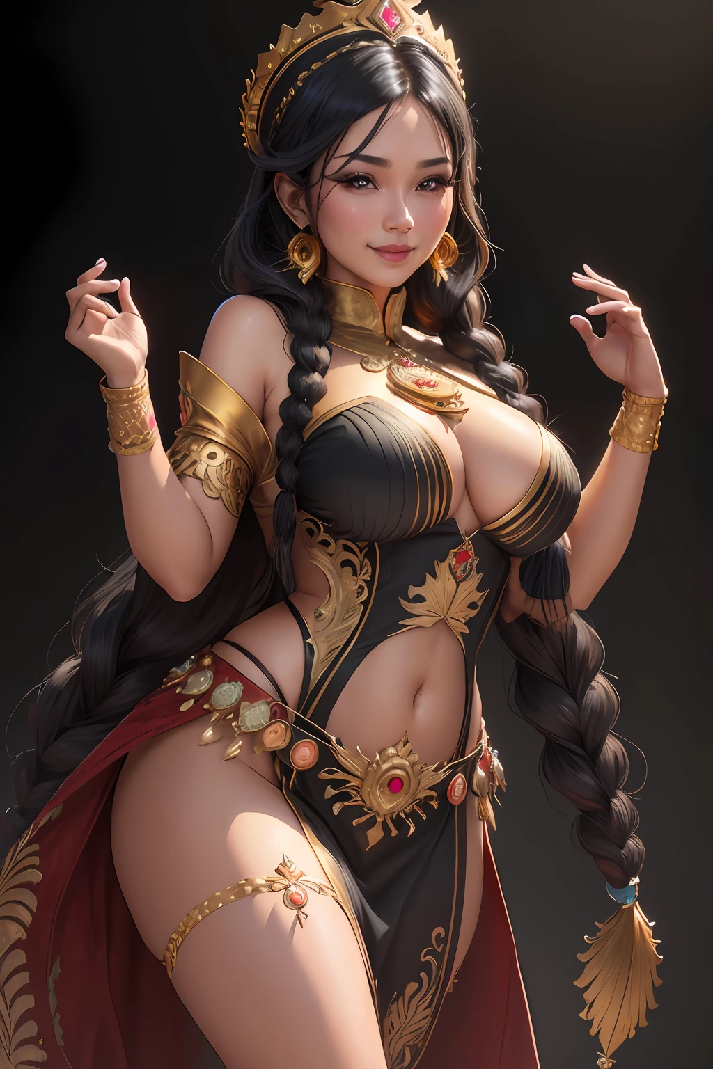 (((Indonesian))), gold crown, wax,1girl, solo, breasts, looking at the viewer, smile, large breasts, black background, jewelry, braid, black hair, straight hair, earrings, twin braids, striated hair, clothing cutout, makeup, lipstick, mole under the mouth, shadow (realistic: 1.2), (realism), (masterpiece: 1.2), (best quality), (ultra detailed), (8k, 4k, intricate), (full-body-shot: 1), (85mm), light particles, lighting, (highly detailed: 1.2), (detailed face: 1.2), (gradients), sfw, colorful,(detailed eyes:1.2)(detailed background),detailed landscape, (dynamic angle:1.2), (dynamic pose:1.2), (rule of third_composition:1.3), (line of action:1.2)