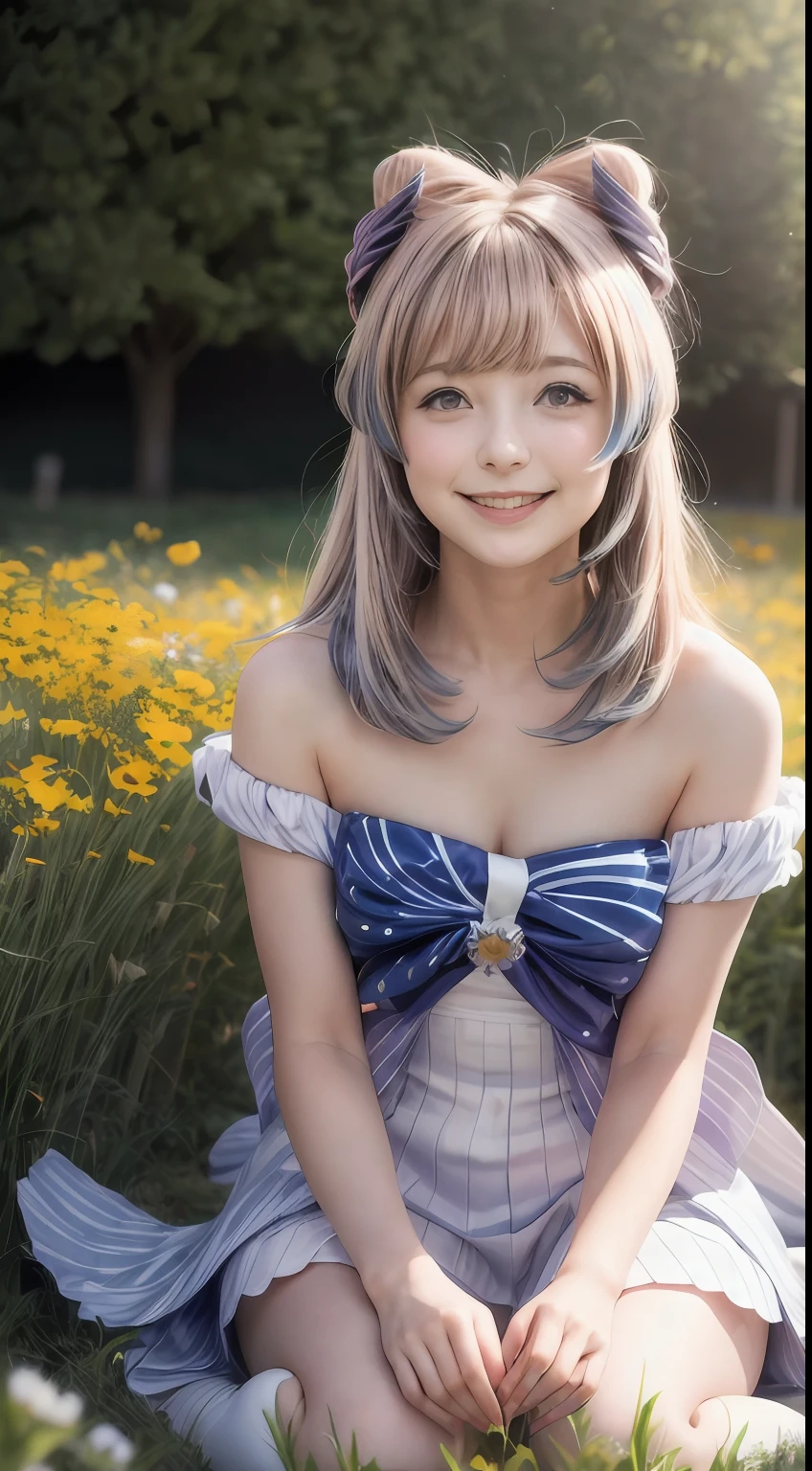 ultra high res, (photorealistic:1.4), raw photo,16K, (solo,1girl,loli:1.2), Flower field, flower, butterfly, kokomidef, kokomirnd,closed mouth,light smile,cinematic lighting,