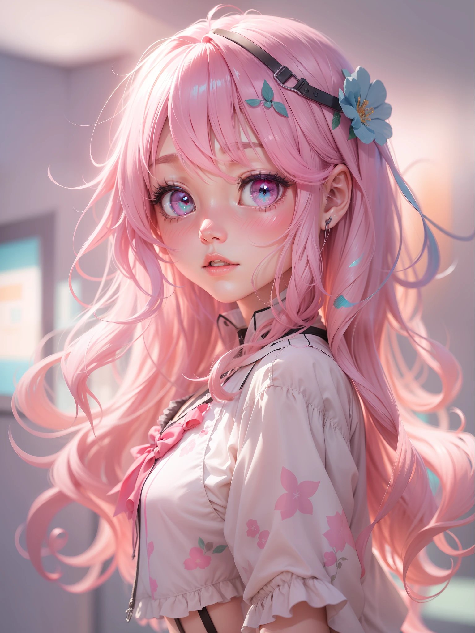 gradient hair, pink hair, wavy hair, very long hair, longeyelashes, wide-eyed, aqua eyes, gradient eyes, pink eyes, kemonomimi mode, shy, ear blush, full blush, skin fang, yandere, anime, stereogram, drop shadow, chromatic aberration, cinematic lighting, reflection light, glowing light, jpeg artifacts, Sony FE GM, textured skin, 16k, highres, best quality, super detail, high details, masterpiece, ccurate