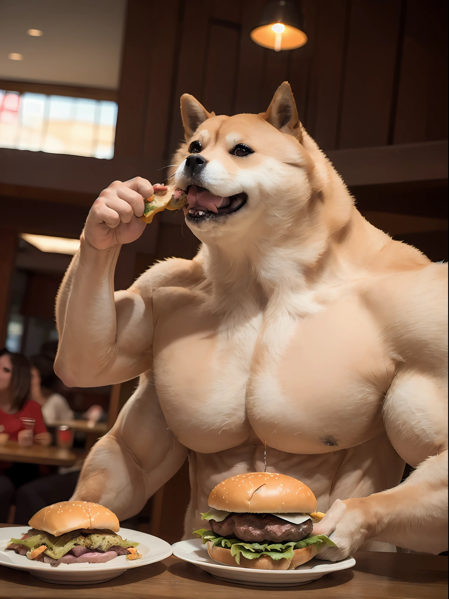 a professional photo of [(((buff Swoledoge))):buff Swoledoge:8], grinning, dog body, eating a large burger in a restaurant, cinematic dramatic light, smooth transition, bokeh