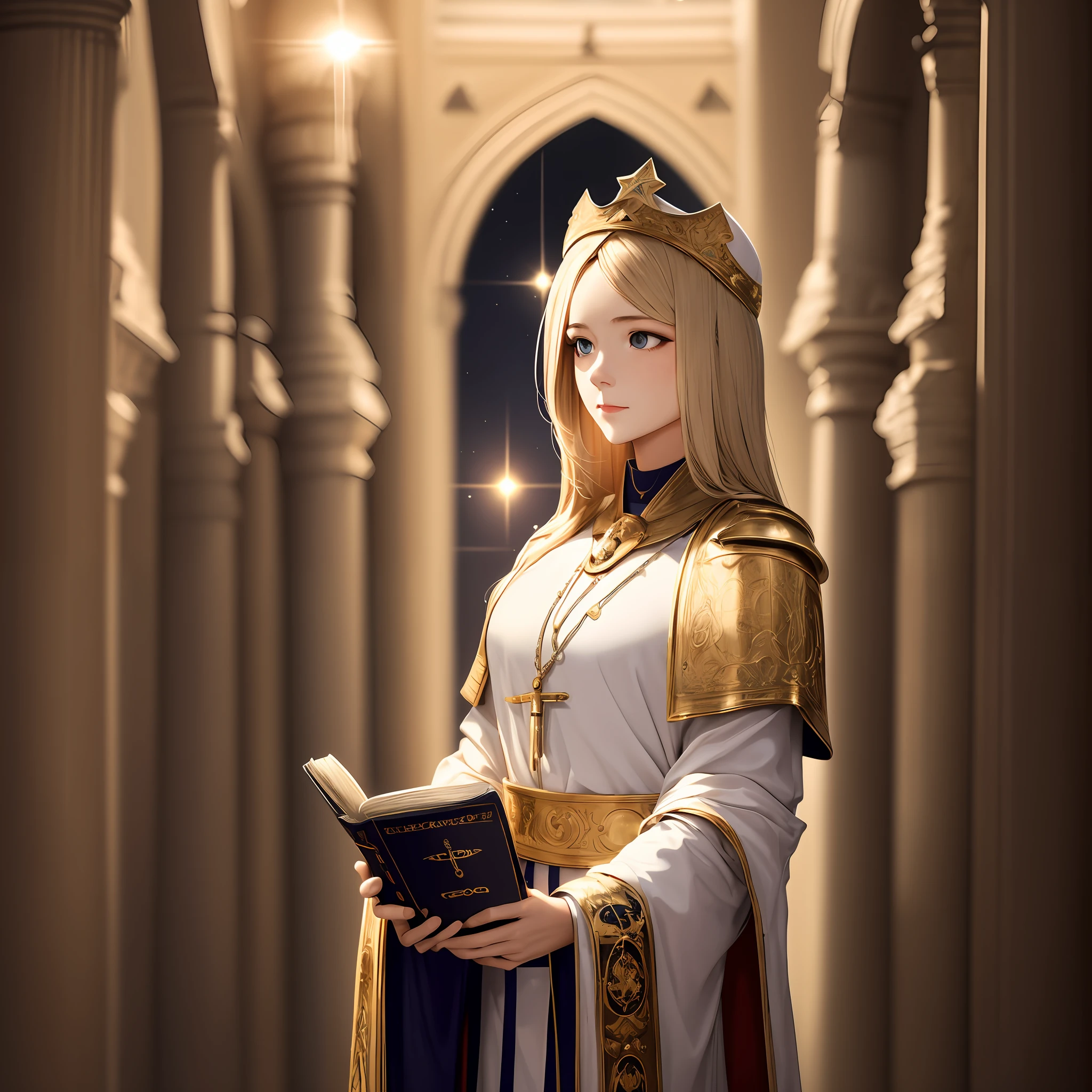 Adult girl, gray eyes, Divine power, The Power of Healing, epiphany, Bright light overhead, Star Ball, hands up, prayer, archbishop, Light from the body, Light armor, Decoration in the hair, blonde woman, medium-length hair, The Holy Book, --auto