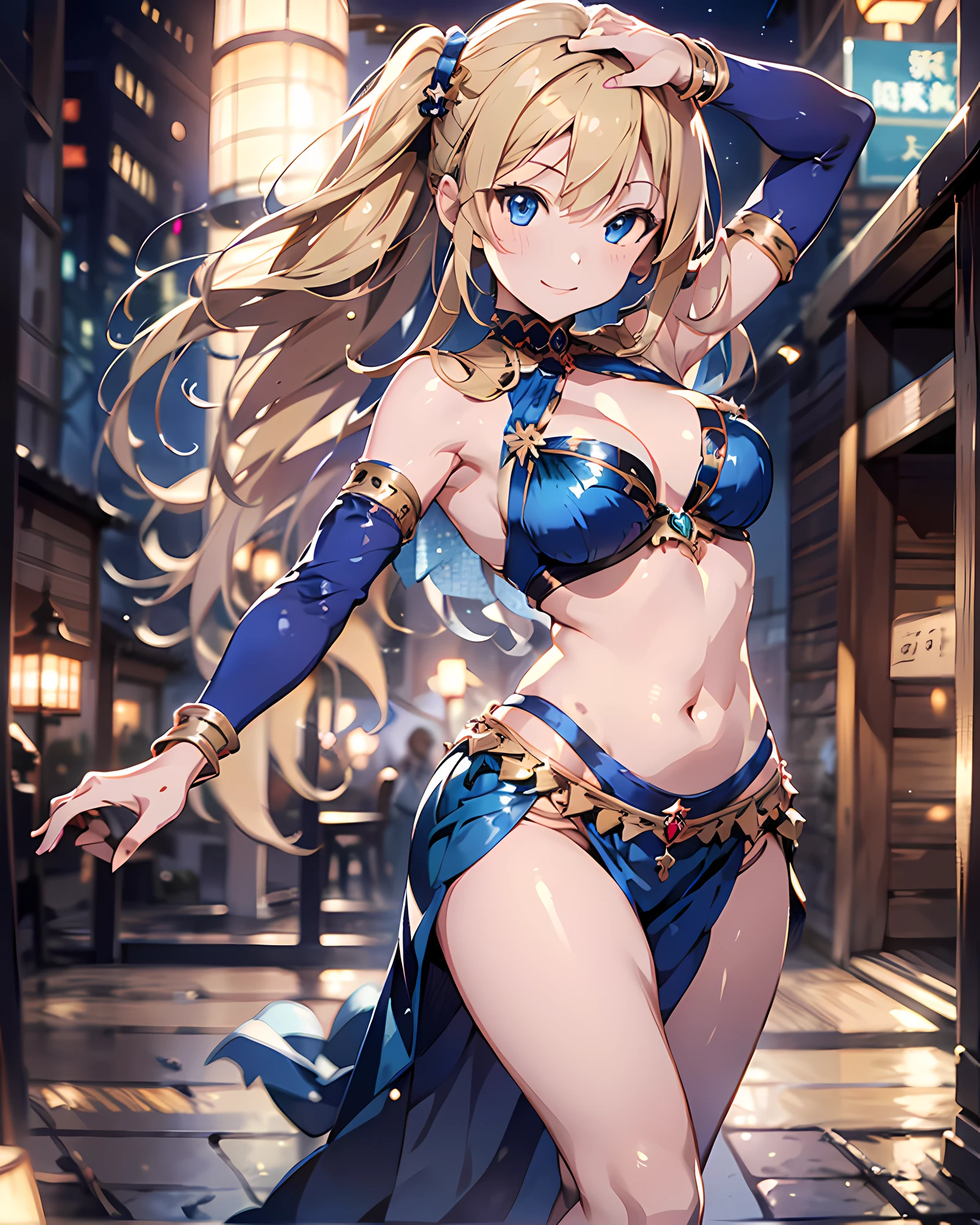 Illustration of a dancing belly dancer, anime style illustration, highres, ultra detailed, (1girl:1.3), (dynamic pose):1.0 BREAK, full body image, (pale skin:1.3), ((detailed blue eyes)), (bokeh effect), (dynamic angle), 1 extremely beautiful and glamorous anime waifu at competition dancing hall, (wearing a royal blue satin belly dancer's outfit:1.37), BREAK, she has blonde wavy twin-tails hair style, medium-breasted, slender, light smile, happy, wind, 8 life size, detailed clothes, detailed body, detailed arms, human hands, detailed hands, perfect nose, blush, light smile, pink lip gloss, looking the viewer, facing the viewer, sexy model posing, studio soft light, cinematic light, detailed background, realistic, ultra-realistic, masterpiece, 32k ultra-sharp image, Japanese anime waifu, concept art by Kyoto animation, Makoto Shinkai,