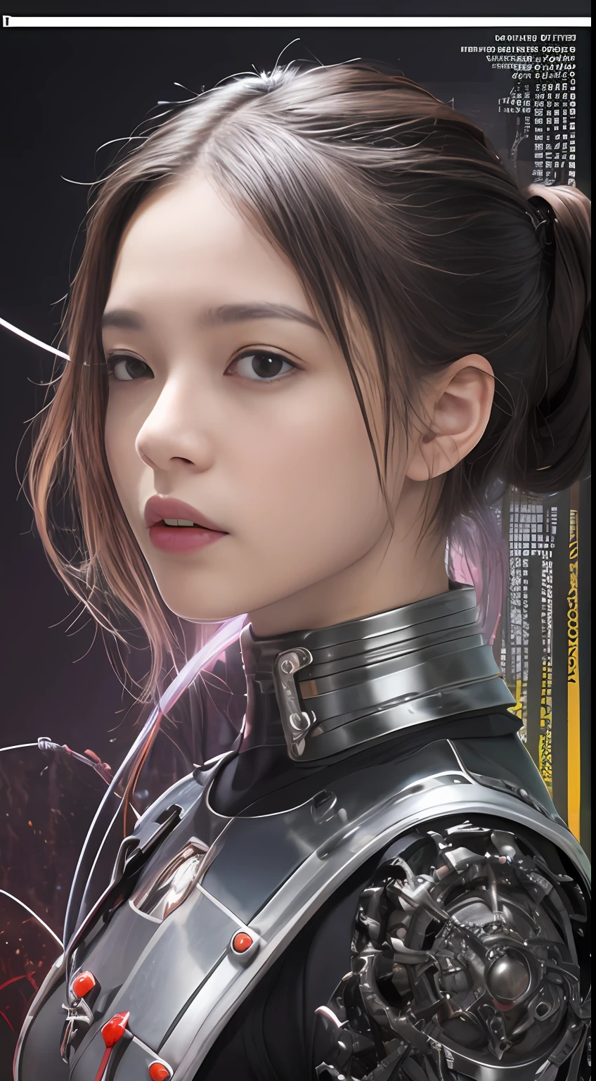 qualidade superior, obra-prima, ultra high-resolution, (fotorrealista: 1.4), foto bruta, 1 menina, cabelo preto, pele brilhante, 1 mechanical girl, (Detalhe Ultra Realista)), retrato, global ilumination, Sombras, octane rendering, 8k, Ultra sharp, Grande, Pele Crua Exposta ao Clivagem, metal, Detalhes Intrincados do Ornamento, Detalhes do, Detalhes Muito Intrincados, Luz realista, CGSoation trend, - Olhos Vermelhos, olhos brilhantes, Facing the camera squarely, Neon details, machanical limbs, blood vessels connected to the tube, mechanical vertebrae attached to the back, mechanical cervical attachment to the neck, sentado, wires and cables connected to the head, Gundam, small LED lamps,