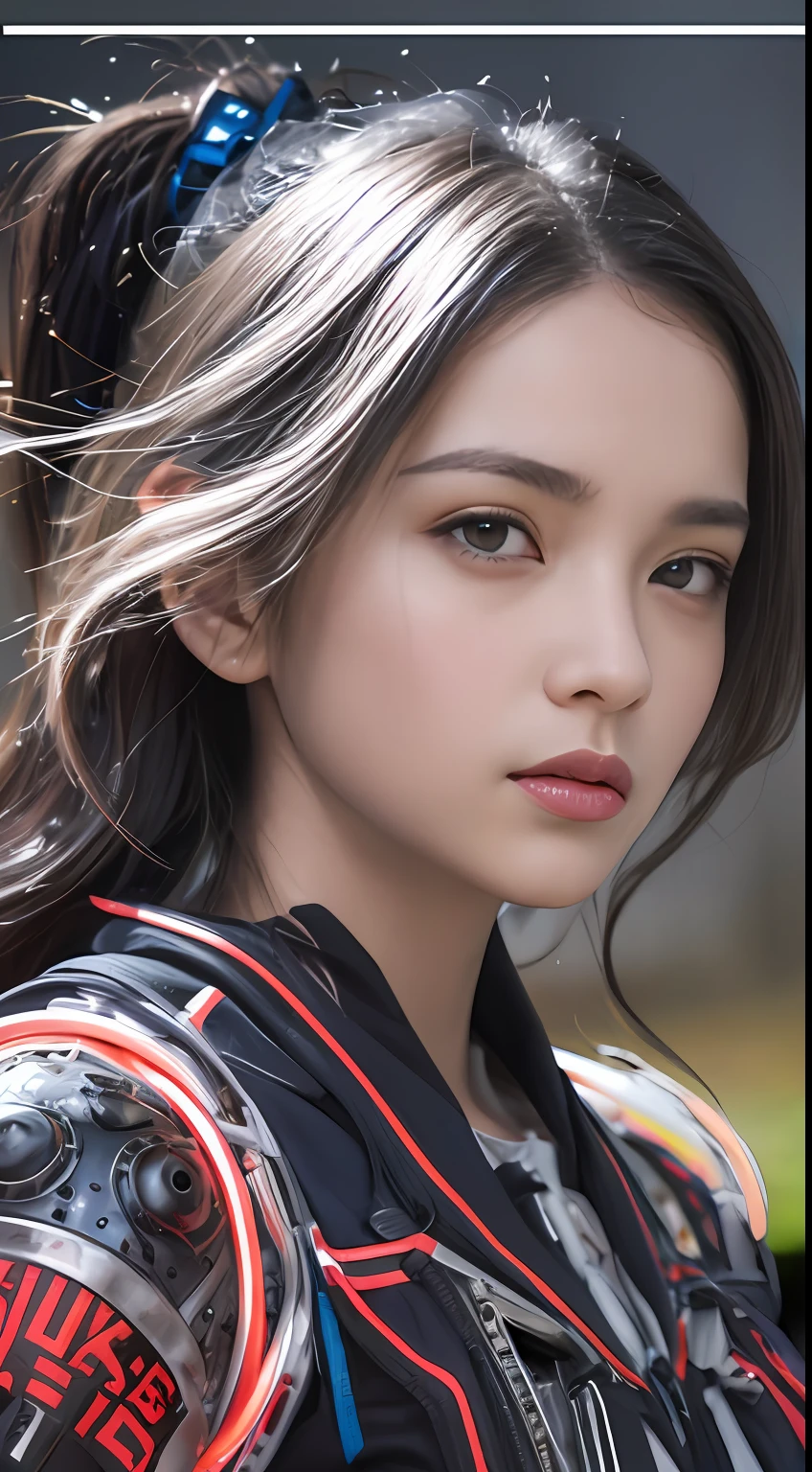 qualidade superior, obra-prima, ultra high-resolution, (fotorrealista: 1.4), foto bruta, 1 , cabelo preto, pele brilhante, 1 mechanical girl, (Detalhe Ultra Realista)), retrato, global ilumination, Sombras, octane rendering, 8k, Ultra sharp, Grande, Pele Crua Exposta ao Clivagem, metal, Detalhes Intrincados do Ornamento, Detalhes do, Detalhes Muito Intrincados, Luz realista, CGSoation trend, - Olhos Vermelhos, olhos brilhantes, Facing the camera squarely, Neon details, machanical limbs, blood vessels connected to the tube, mechanical vertebrae attached to the back, mechanical cervical attachment to the neck, sentado, wires and cables connected to the head, Gundam, small LED lamps,