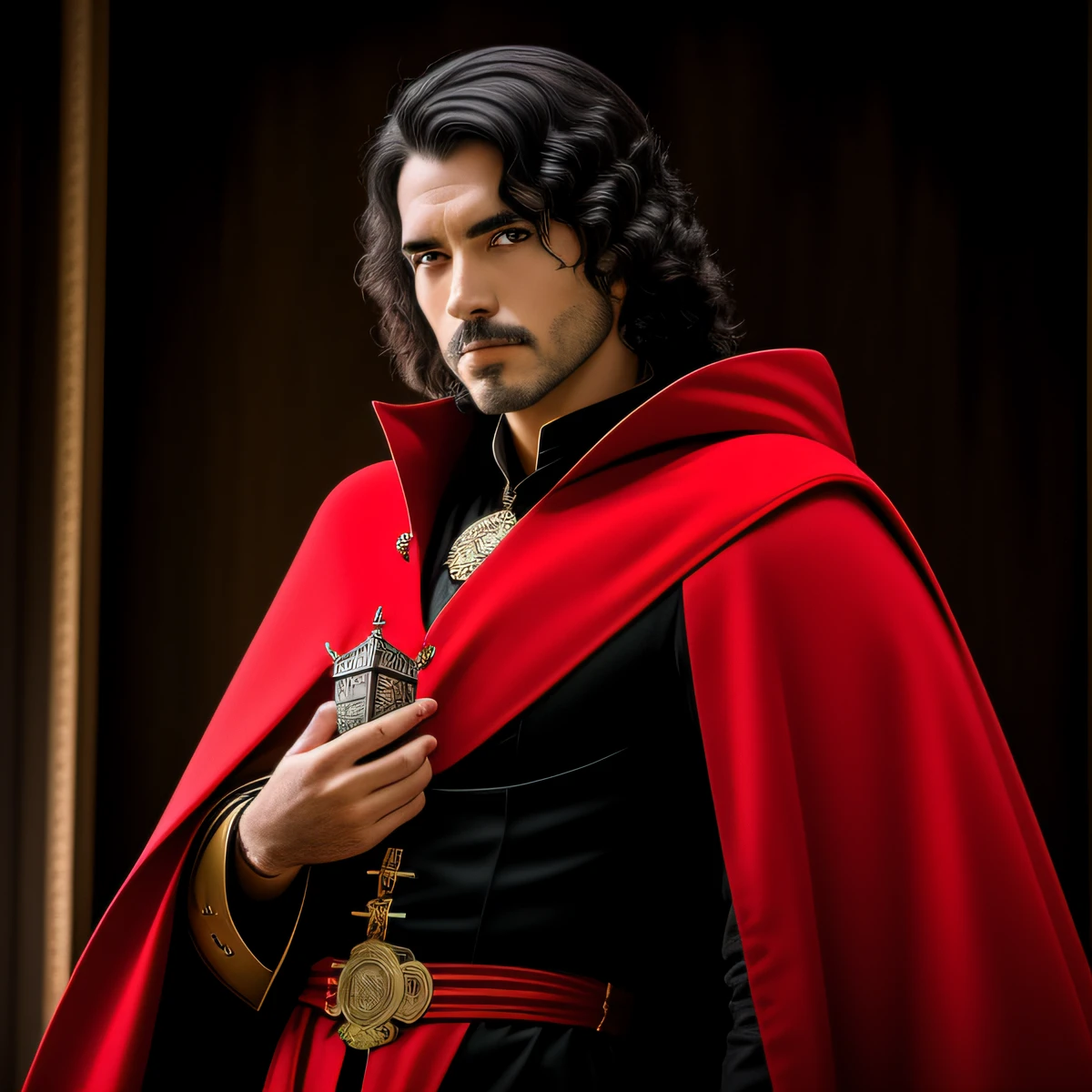 a closeup of a person in a red cape and a black and gold cape without a hat, picture of a male cleric, Arsen Lupin como um paladino, Retrato de fin wildcloak, Velho Archmage masculino, RPG retrato arte conceitual, Retrato de um hidromancer macho, male artificer, Retrato de um Mago, retrato closeup de um mago, casimiro arte