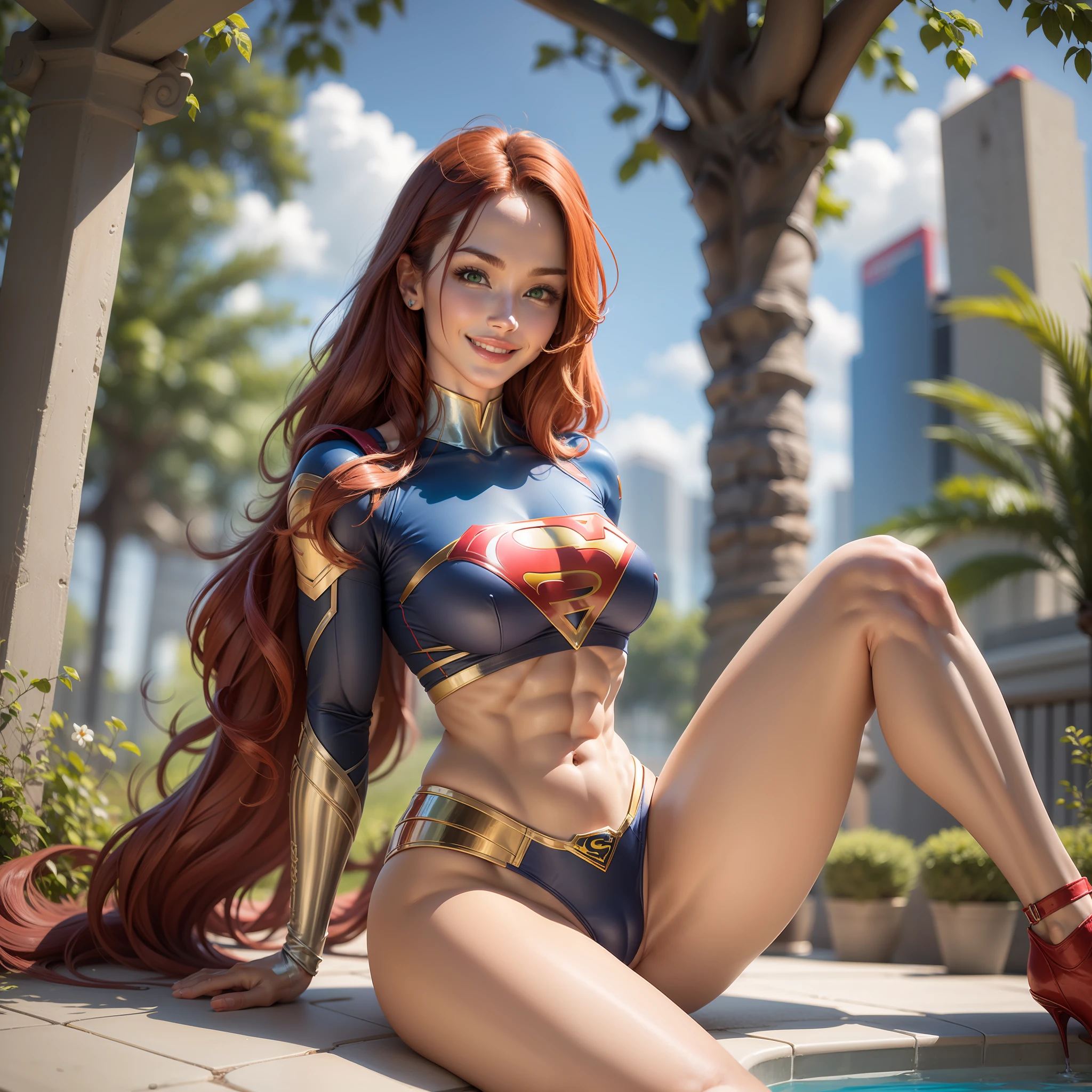 Full body portrait of Supergirl, very muscular, sexy smile, long reddish hair, green eyes, large breasts, wearing skintight crop top, shear see through thong, almost transparent clothing, legs spread open, distinct cameltoe, sitting by the pool with legs spread, Front double bicep pose, dynamic pose, sculpted arm muscles, sculpted quadriceps, sensual ripped leg muscles, very refined muscle definition, distinct muscular veins, flexing her legs