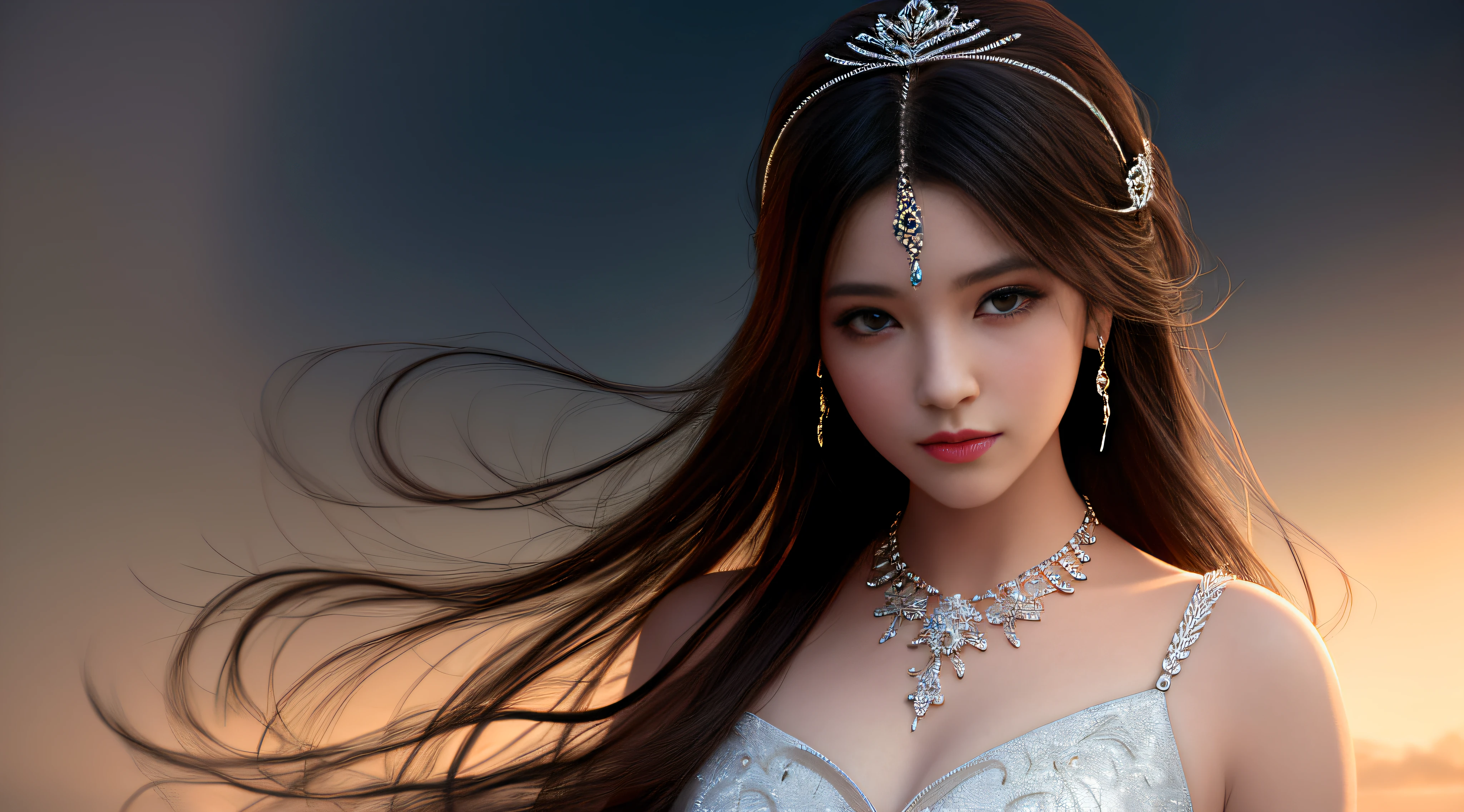 Best quality, masterpiece, high resolution, 1girl, porcelain dress, hair accessories, necklace, jewelry, beautiful face, on the body, Tyndall effect, realistic, dark studio, edge lighting, two-tone lighting, (high detail skin: 1.2), 8k UHD, dslr, soft light, high quality, volumetric light, candid, photo, high resolution, 4k, 8k, background blur,