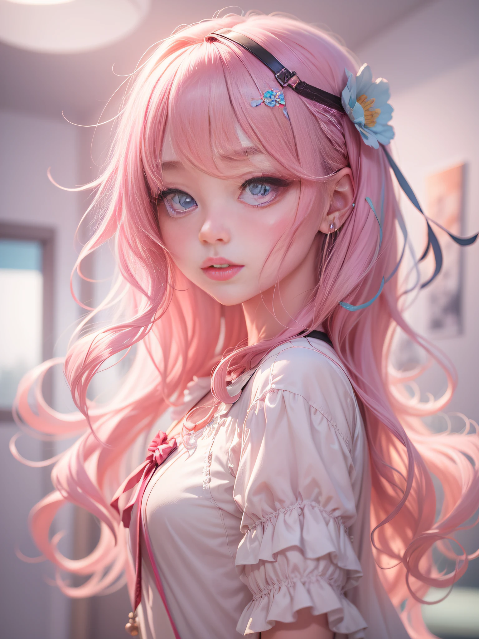 Gradient hair, Pink hair, Wavy hair, Very long hair, long eyelasher, wide-eyed, aqua eyes, Gradient eyes, Pink eyes, kemonomimi mode, Shy, Ear blush, full blush, skin fang, Yandere, Anime, stereograms, shadowing, color difference, Cinematic lighting, reflective light, Glowing light, JPEG artifacts, Sony FE GM, Textured skin, 16k, A high resolution, Best quality, Super detail, High details, Masterpiece, ccurate