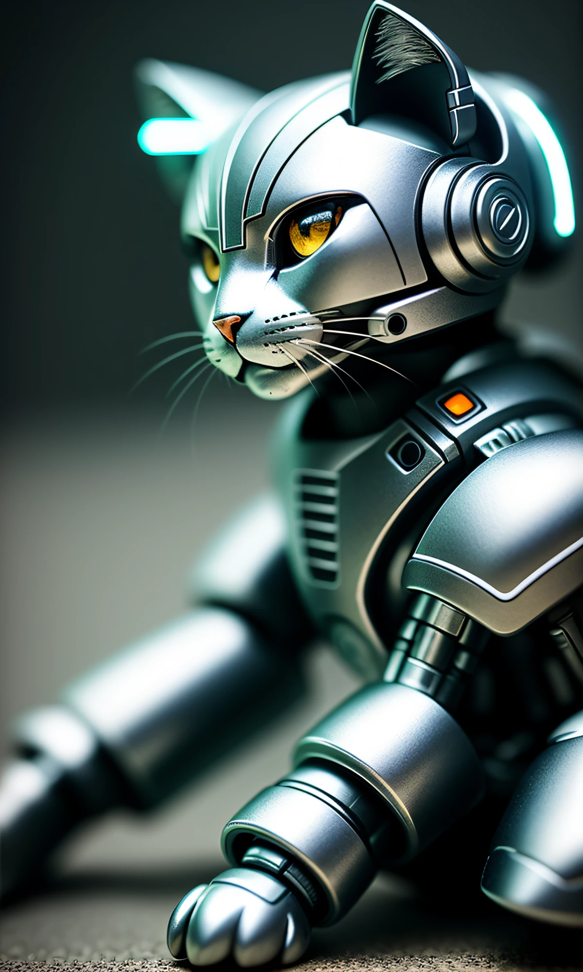 cute kitten made of metal, (cyborg: 1.1), ([tail | detailed wire]: 1.3), (complex detail), HDR, (complex detail, super detail: 1.2), cinematic shot, vignette, center