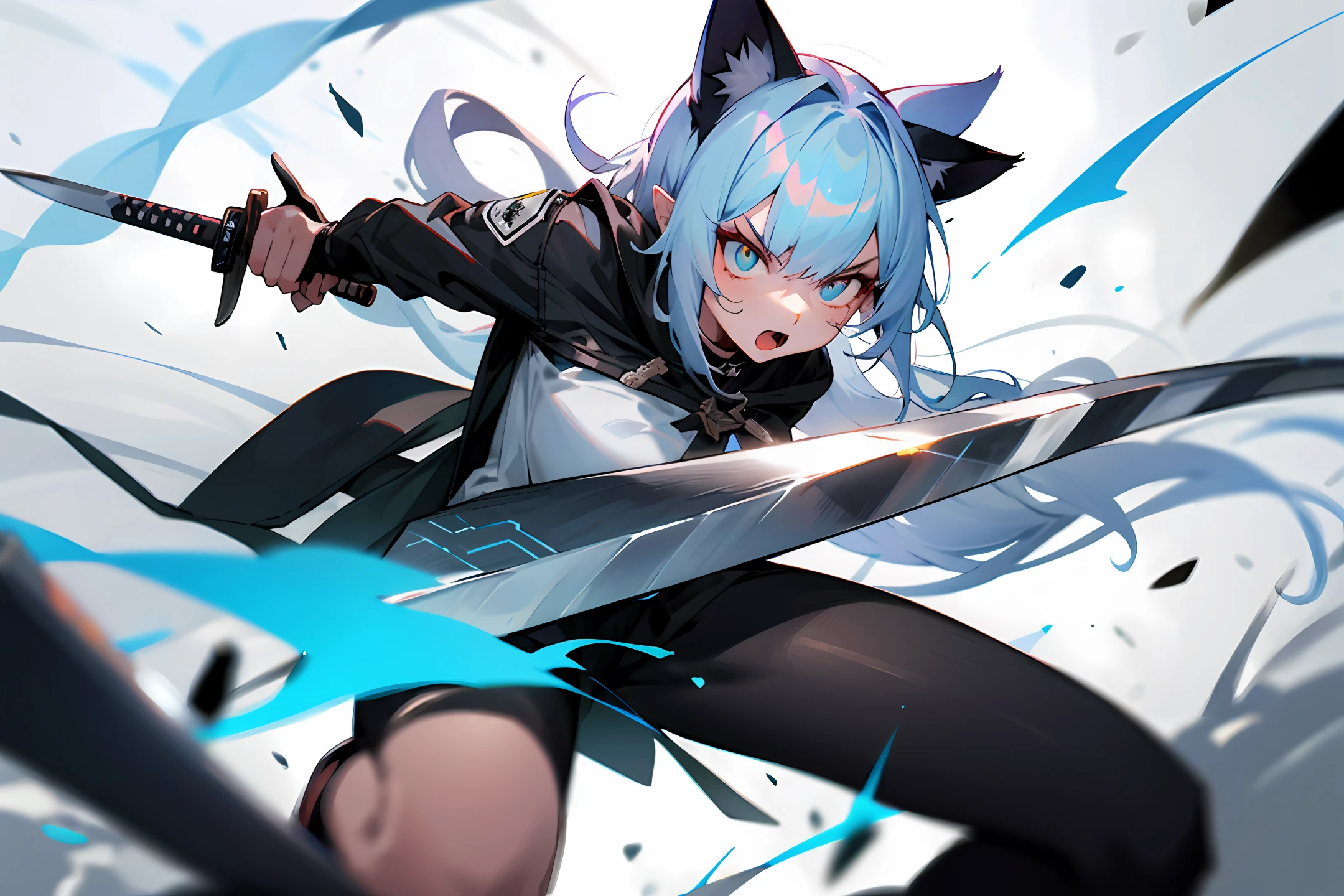 Cat-eared girl with big long knife fights in a fierce battlefield