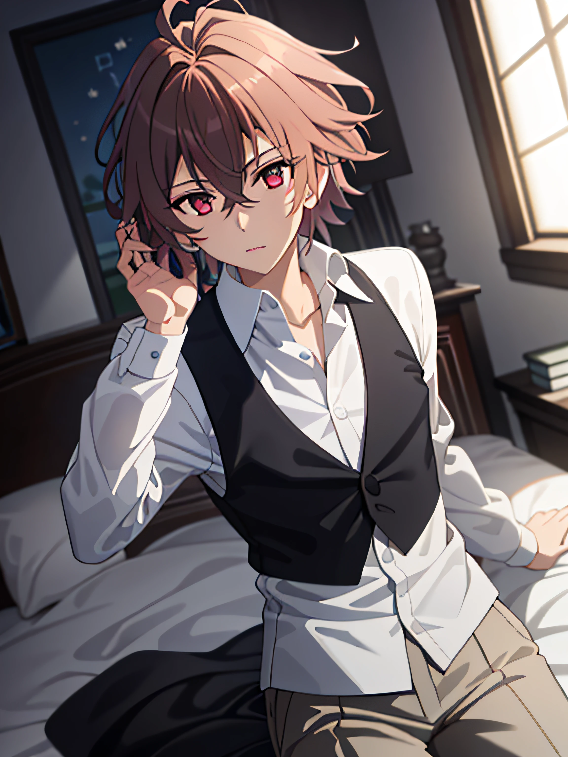 tmasterpiece, Best quality at best, high high quality, 1boy, 独奏, malefocus,The upper part of the body, sieg_fate,sobu,Bedroom lighting,Go to bed