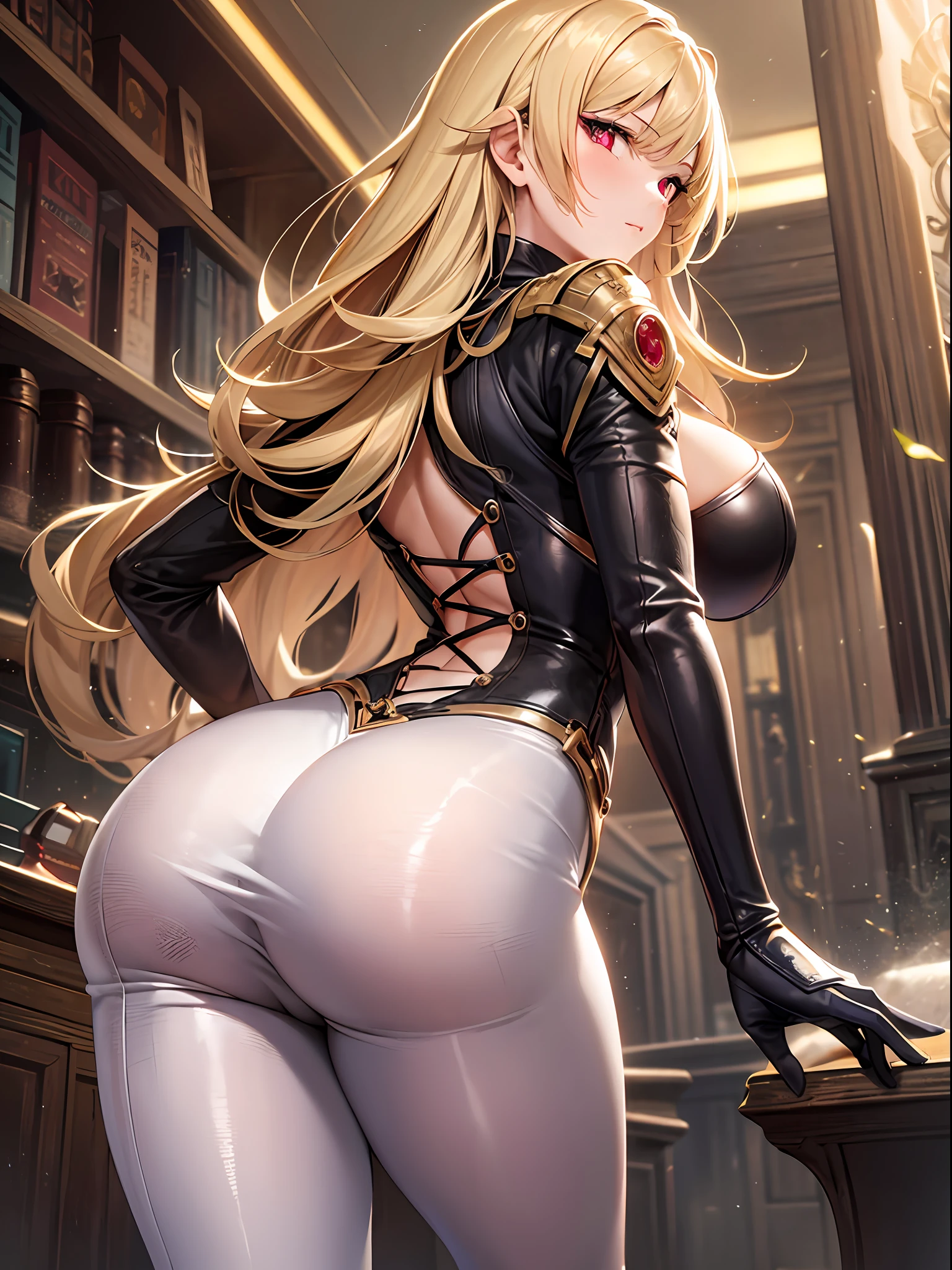 Digital painting of big sexy poses, Blonde woman in her 20s in the steampunk genre. A woman should exude confidence and charm, Complex steampunk style clothes and accessories. The pose emphasizes her curves、It is necessary to emphasize her beauty. In the background、Must include steampunk-inspired gear settings, gear wheel, and industrial elements. Lighting needs to create a dramatic atmosphere, Cast shadows with warm tones、Highlight female features. To capture all the intricate details、The resolution must be high,from behind,She has beautiful sharp red eyes,hunter,up of face,Dresses with noble details,White pants,big butts,Holding hands to support the body,Posture that emphasizes the buttocks,Attention on the buttocks,Big buttocks,Beautiful buttocks,sticking your buttocks forward