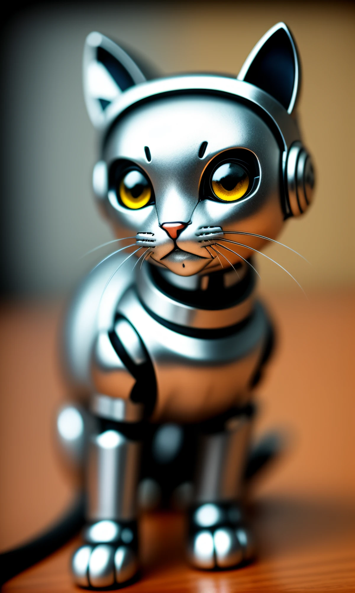 cute kitten made of metal, (cyborg: 1.1), ([tail | detailed wire]: 1.3), (complex detail), HDR, (complex detail, super detail: 1.2), cinematic shot, vignette, center