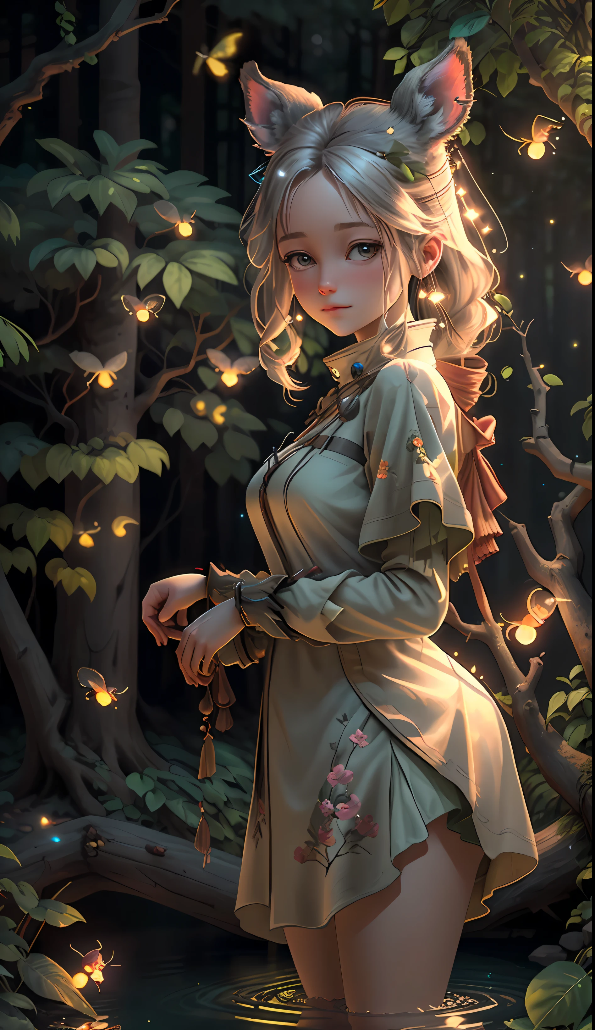 Masterpiece, best quality, (very detailed CG unity 8k wallpaper), (best quality), (best illustration), (best shadows), glow sprite, with a glowing deer, in the swimming pool Drinking water, natural elements in the forest theme. Mysterious forest, beautiful forest, nature, surrounded by flowers, delicate leaves and branches surrounded by fireflies (natural elements), (jungle theme), (leaves), (twigs), (fireflies), (particle effects) etc. 3D , Octane rendering, ray tracing, super detailed