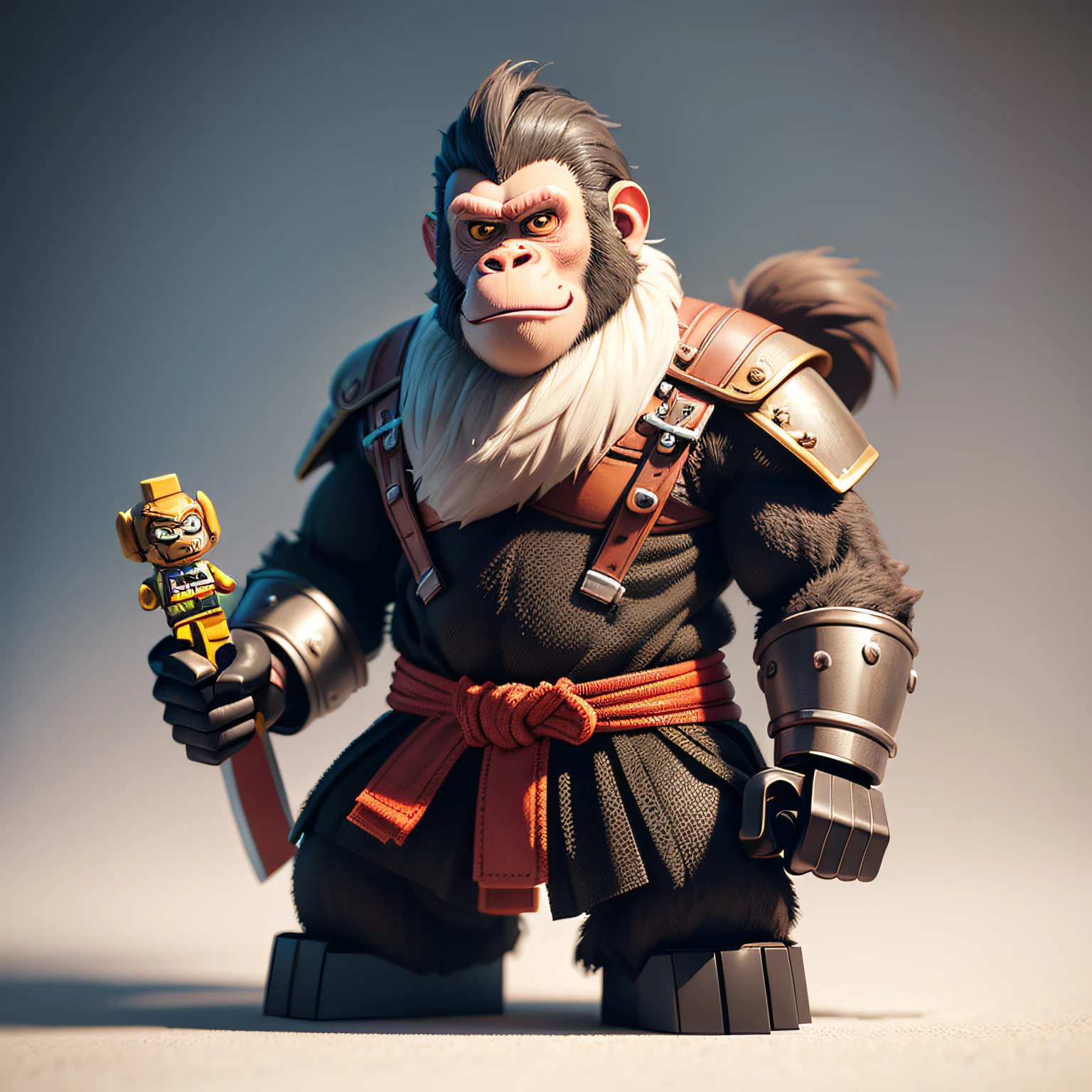 Lego monkey on white background, ape, Monkey monkey monkey, Lego Characters, Rendering in Cinema 4 D, Render with Cinema4D, Styling with 3D rendering, Rendering with octane rendering, Octane rendering in 32K, Samurai monkey holding an anthropomorphic sword, Cute monkey, cute 3d rendering, inspired by Zhu Da